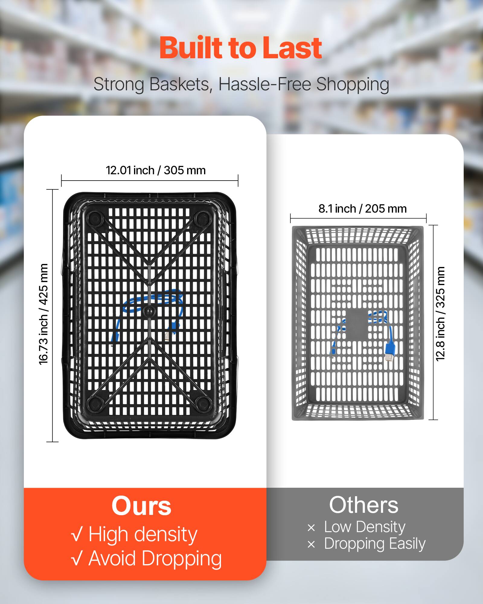 Built to Last  
Strong Baskets, Hassle-Free Shopping  

12.01 inch / 305 mm  
8.1 inch / 205 mm  

16.73 inch / 425 mm  
12.8 inch / 325 mm  

Ours  
✓ High density  
✓ Avoid Dropping  

Others  
× Low Density  
× Dropping Easily
