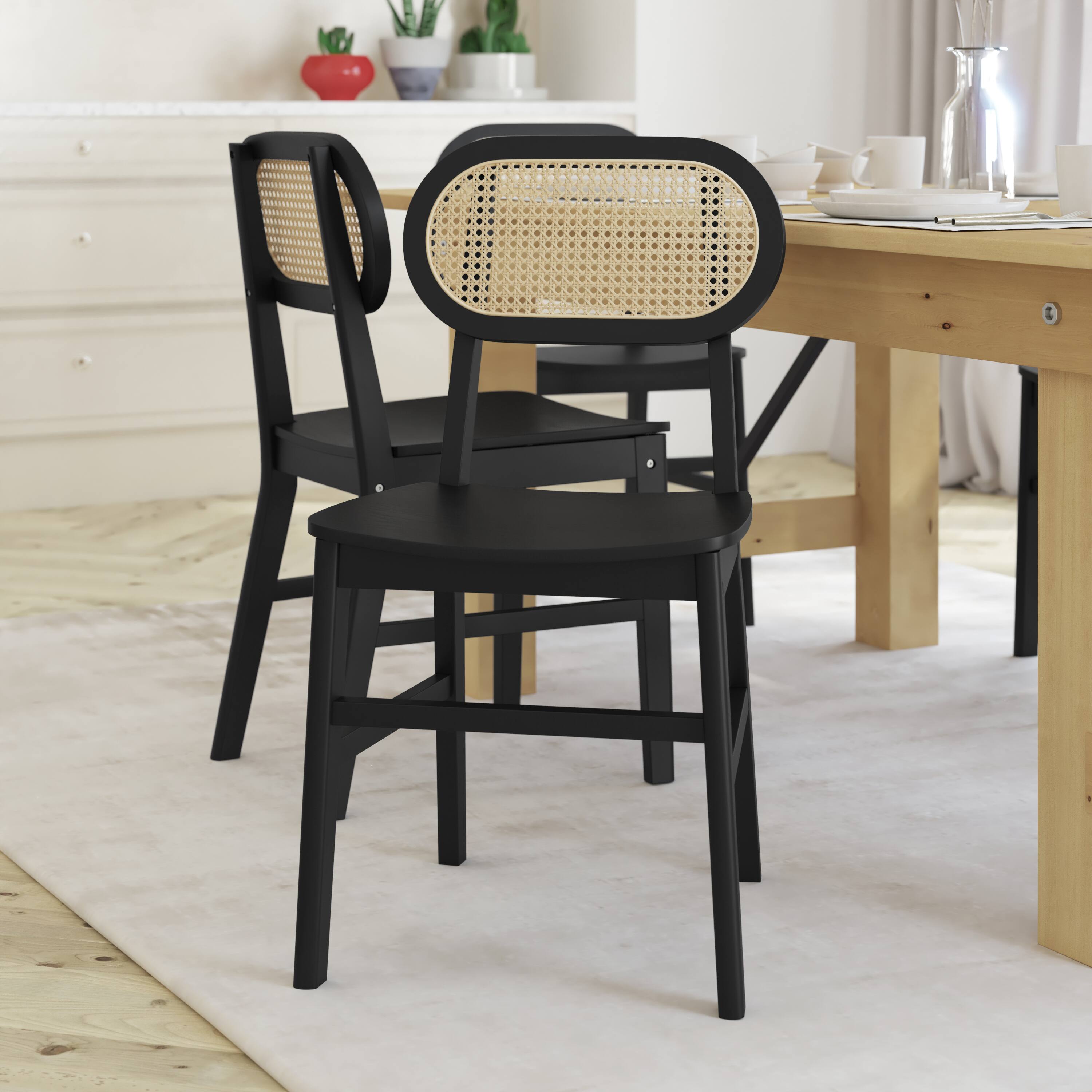Front. Emma + Oliver - Marley Set of 2 Cane Rattan Dining or Accent Chairs with Solid Wood Frames and Seats and Woven Backrest - Black.