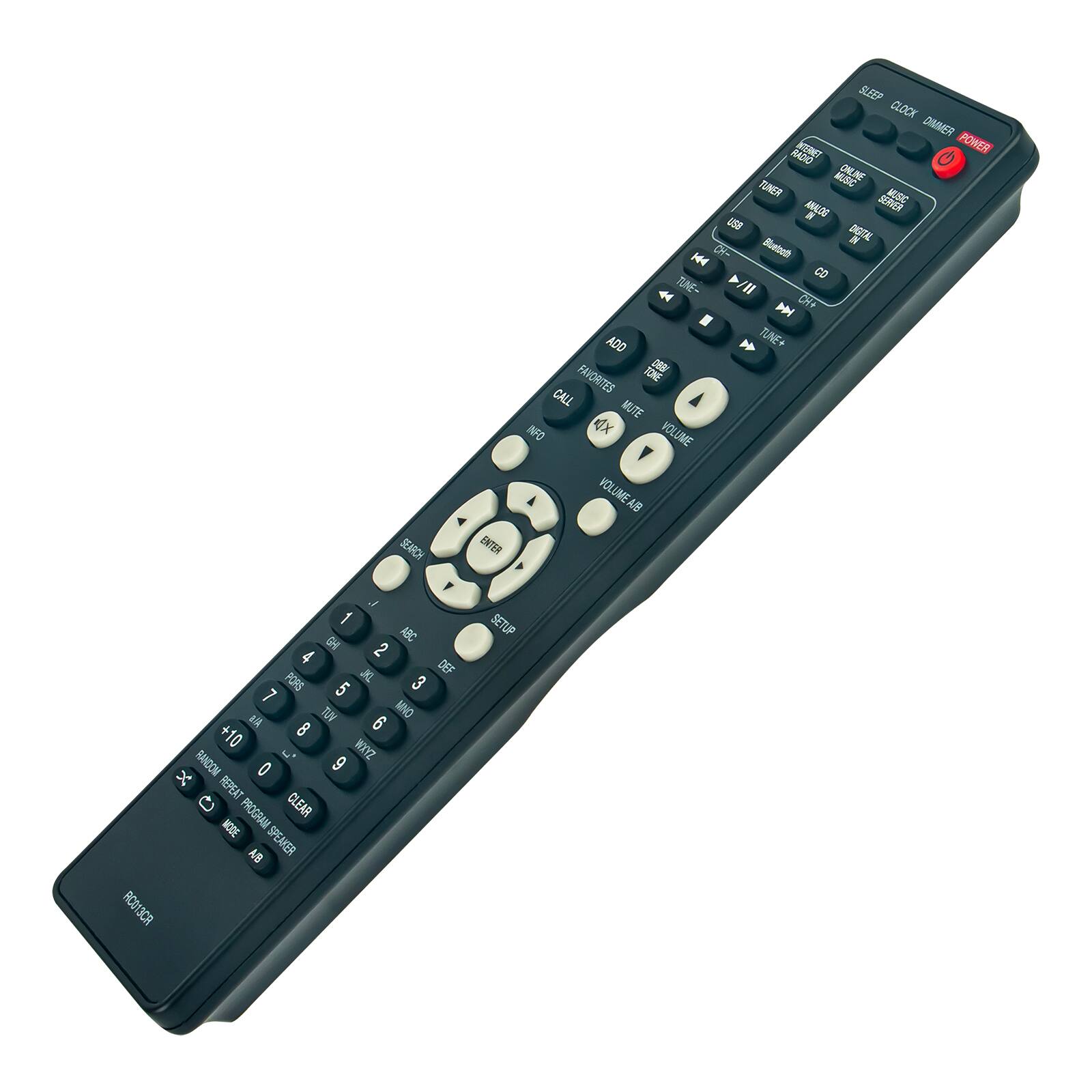 Sure, here is the corrected and grouped text from the image:

**Top Section:**
- SLEEP
- CLOCK
- DIMMER
- POWER

**Middle Section:**
- TUNER
- MUSIC
- SERVER
- USB
- CD
- TUNE
- ADD
- FAVOURITES
- CALL
- MUTE
- INFO
- VOLUME
- VOLUME UP
- VOLUME DOWN
- TUNE+
- TUNE-
- CH+
- CH-
- RANDOM
- REPEAT
- PROGRAM
- CLEAR
- MODE
- SPEAKER

**Number Pad:**
- 1
- 2
- 3
- 4
- 5
- 6
- 7
- 8
- 9
- 0
- +10
- CLEAR

**Bottom Section:**
- ACO13CR
- SETUP

**Additional Labels:**
- ABC
- DEF
- GHI
- JKL
- MNO
- PQRS
- TUV
- WXYZ