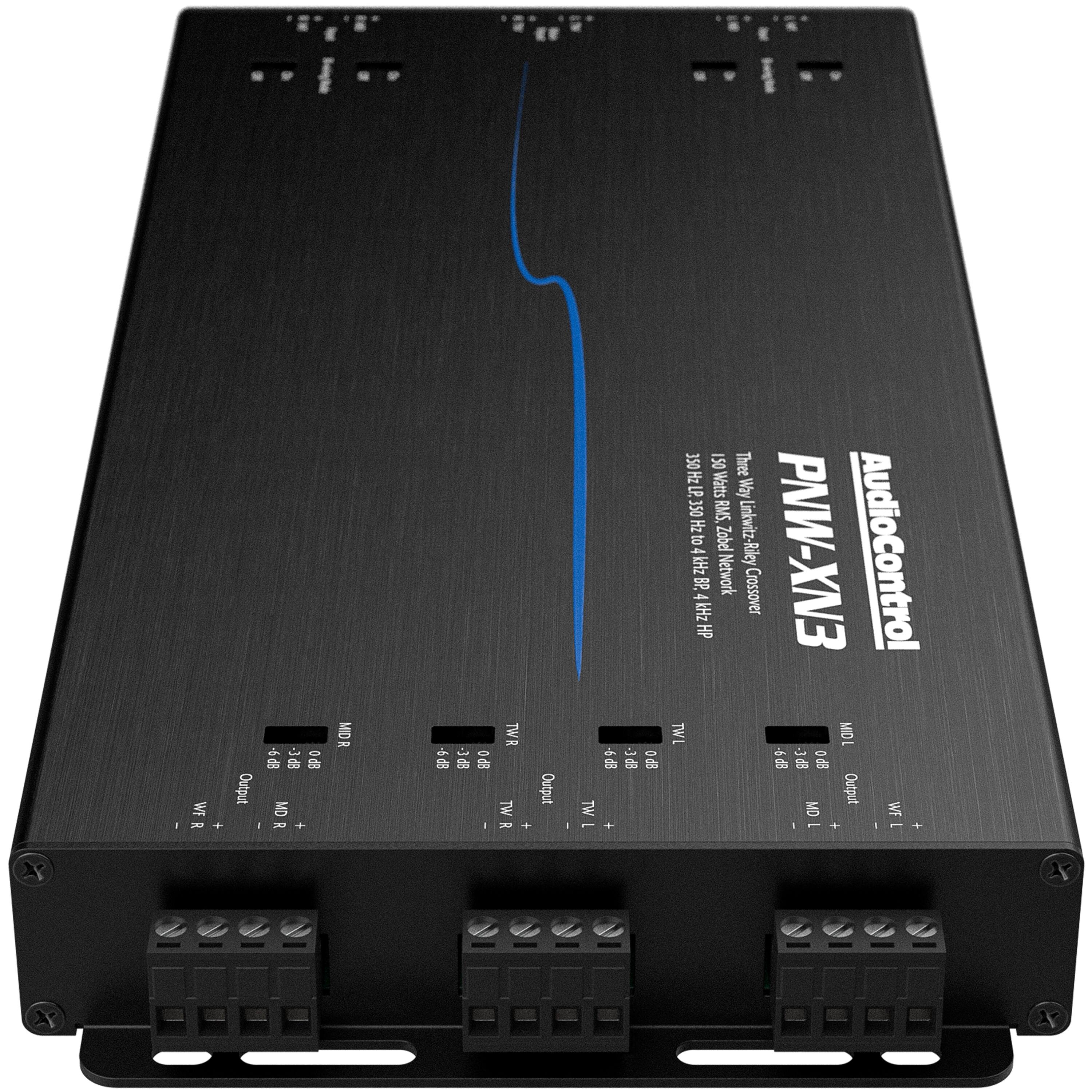 The text on the image reads: "Output WT - 2 + I  EP- 0 MD 2 + MIOR TWR - Output TW X + - TW 1 8P9 SPC- 16 + 350 150 Three  LP. Watts Way 350 RMS ka-Z to A Zobel PNW-XN3 AudioControl Network B2 4kHz 4 Crossover HP TWL MIDL 8P9 EP- SPO Output MD WF - . + . + X x X x."