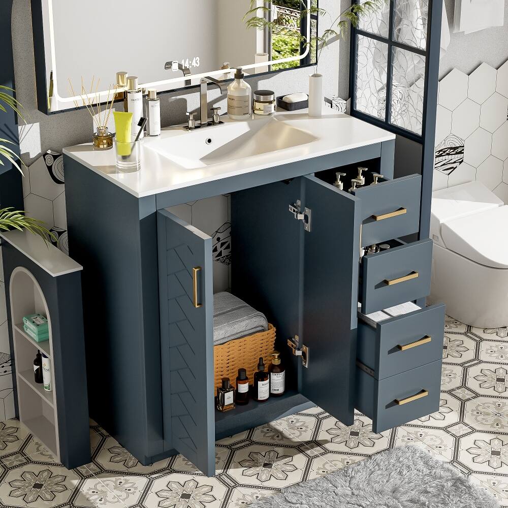 Back. Loheer - Loheer 36 inch Bathroom Vanity with Sink Solid Wood Frame Blue - Blue.