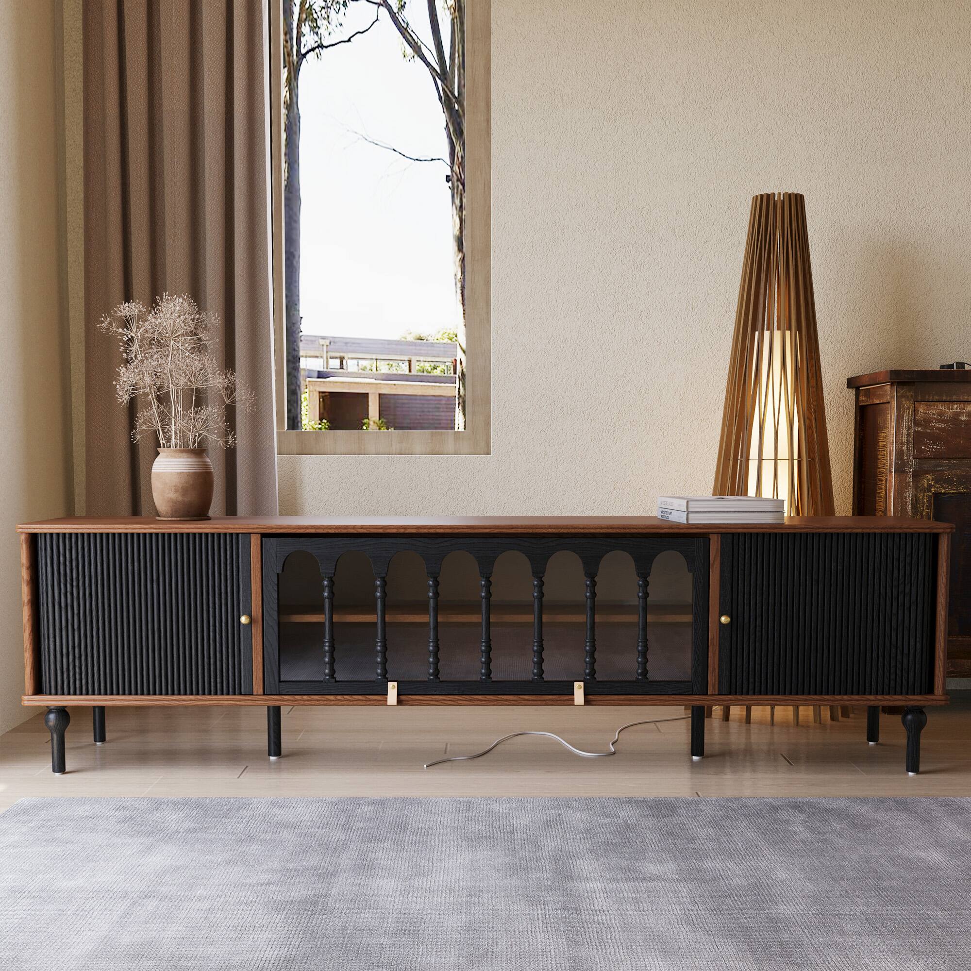 Angle. luck idea - 78.74" TV Stand Media Console with Sliding Doors, Arched Glass & Solid Wood Legs - Walnut Color.