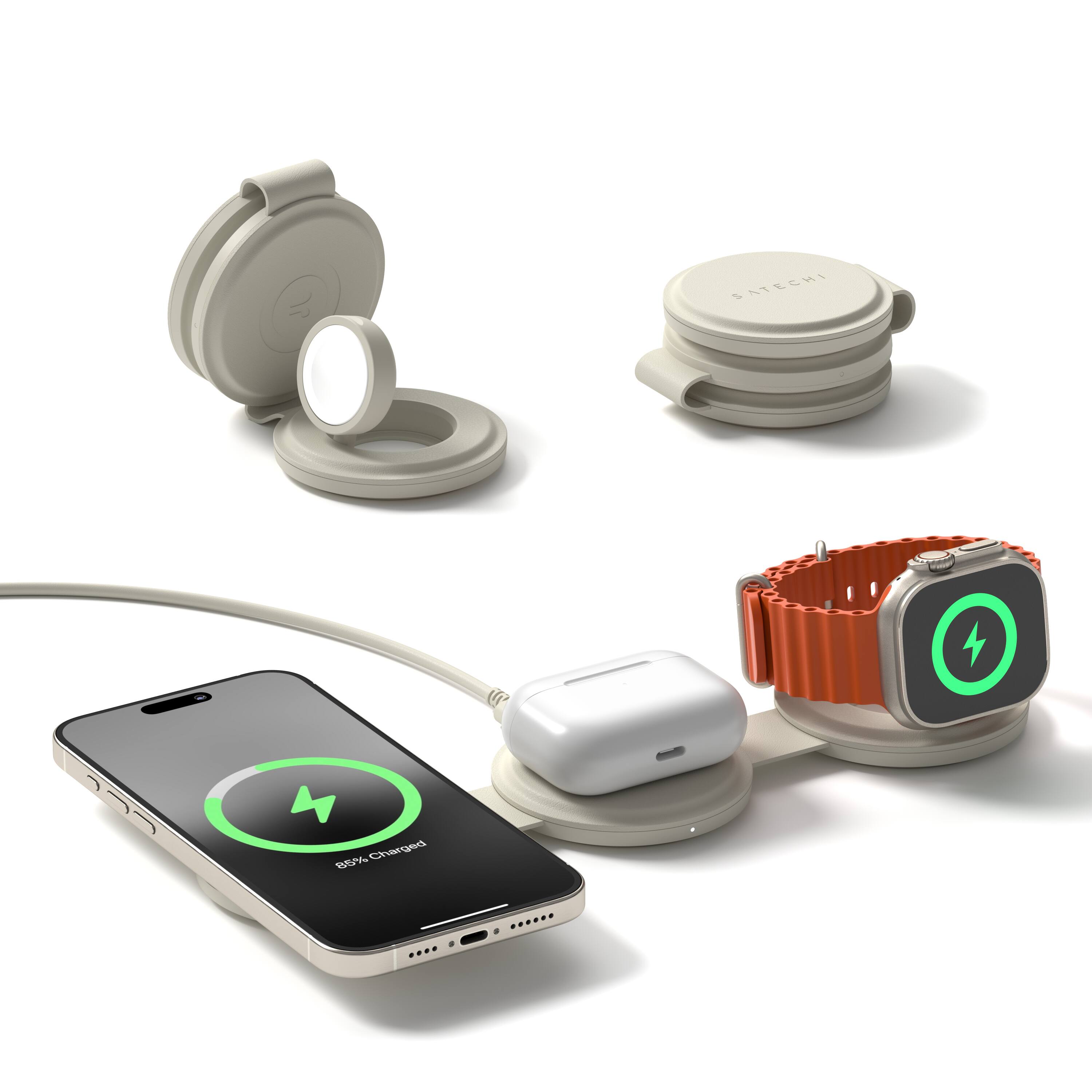 Satechi - OntheGo™ 3-in-1 WIRELESS CHARGER, Qi2 MagSafe Compatible Charger, Works with iPhone, Apple Watch, Airpods - Sand