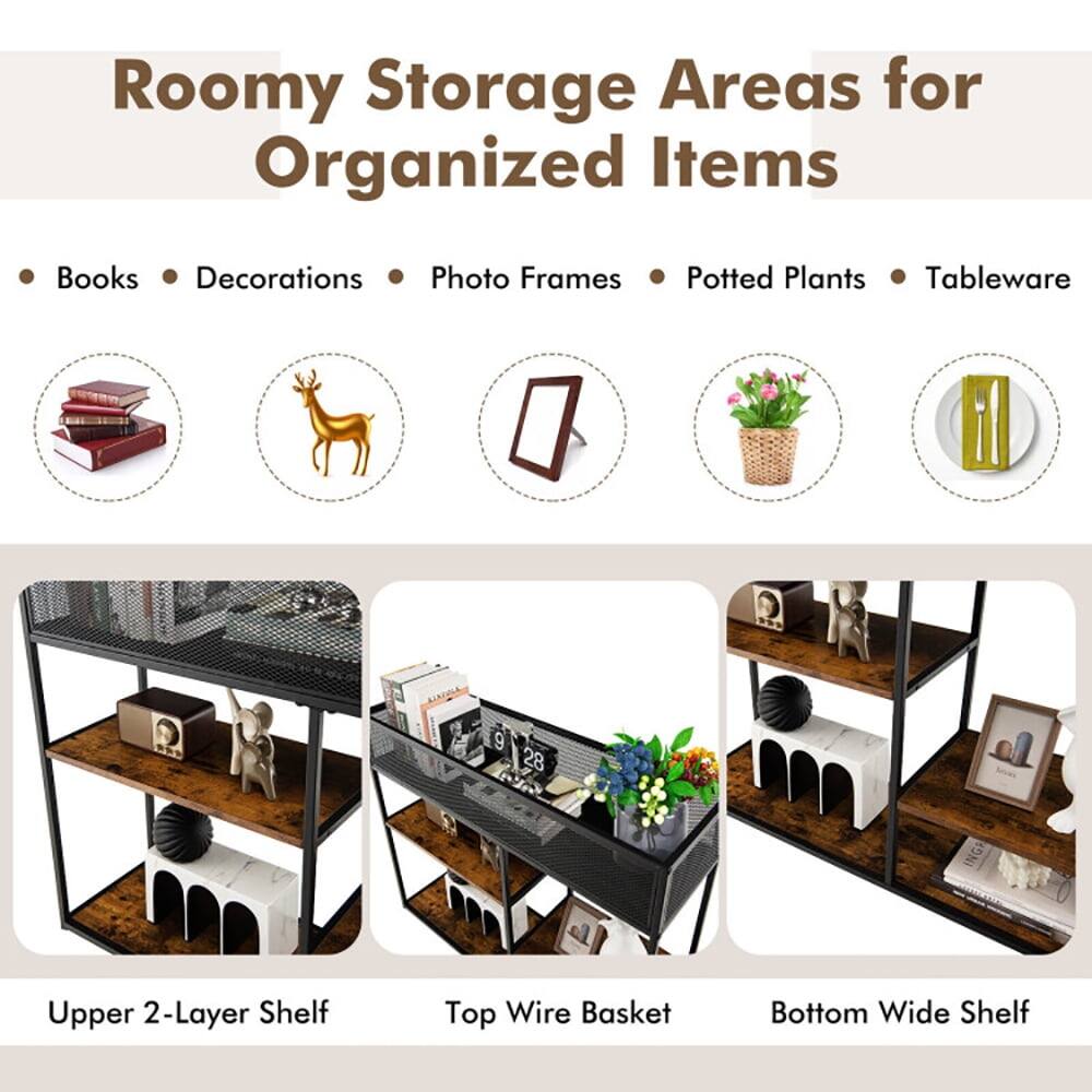 Roomy Storage Areas for Organized Items

- Books
- Decorations
- Photo Frames
- Potted Plants
- Tableware

Upper 2-Layer Shelf
Top Wire Basket
Bottom Wide Shelf
