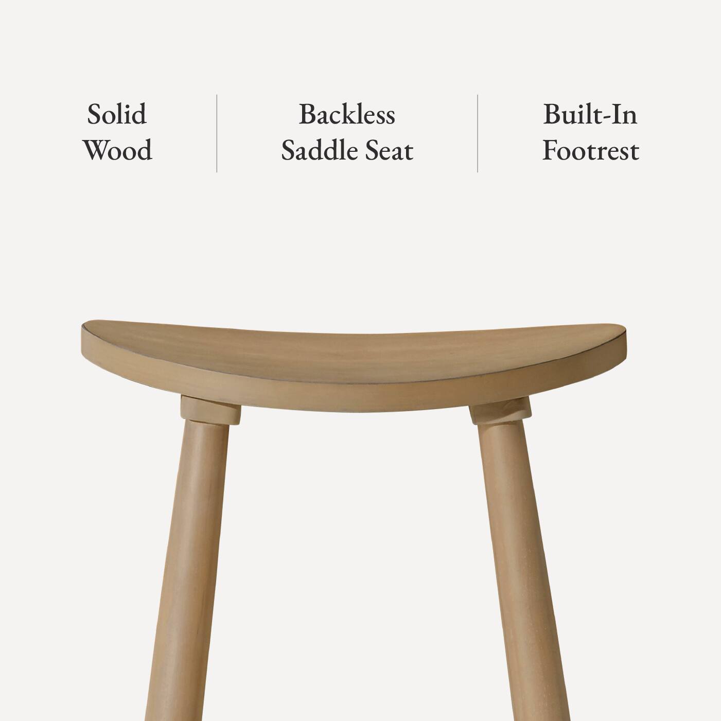 The text on the image can be grouped and corrected as follows:

- Solid Wood
- Backless Saddle Seat
- Built-In Footrest