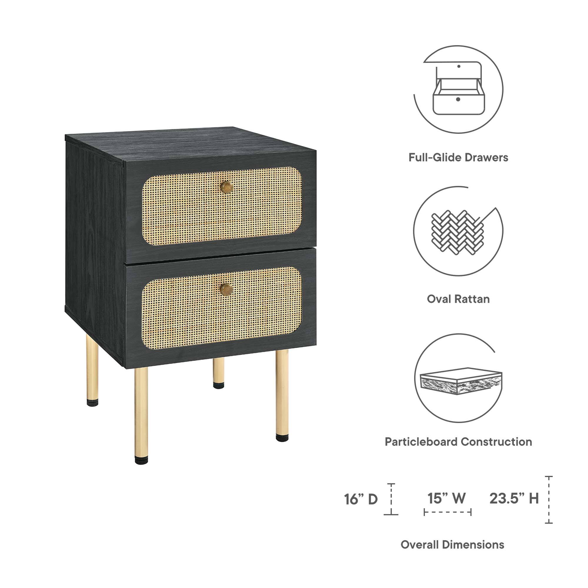 Full-Glide Drawers  
Oval Rattan  
Particleboard Construction  

Overall Dimensions  
16" D x 15" W x 23.5" H
