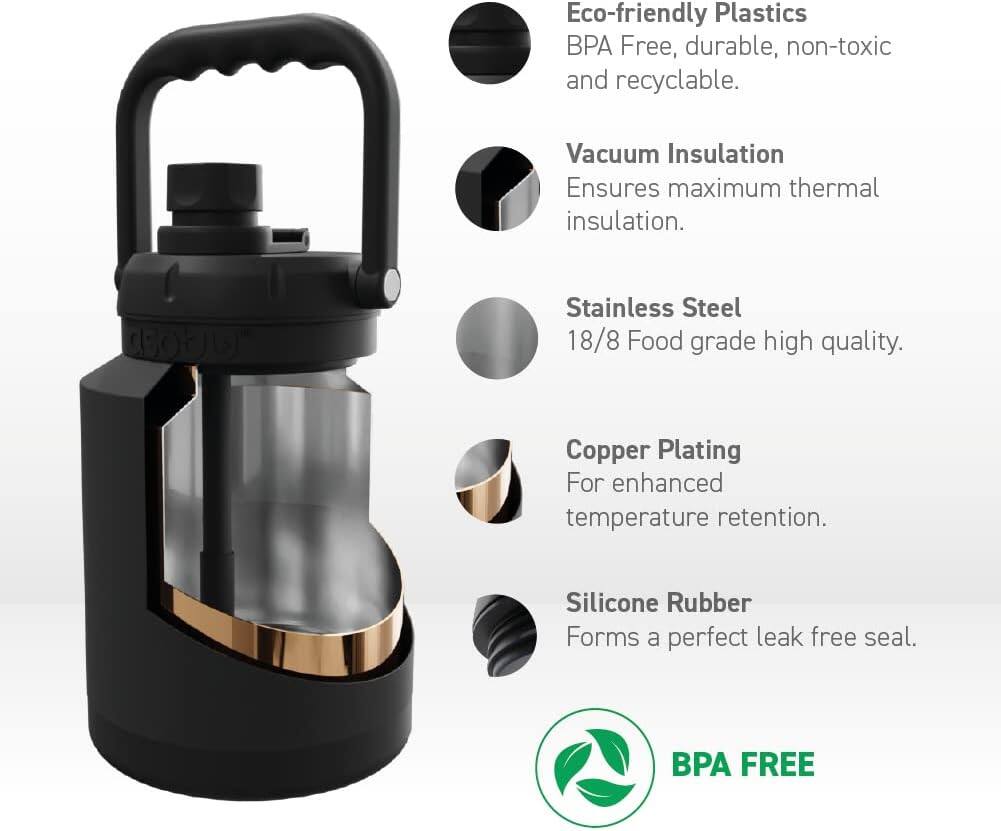 Eco-friendly Plastics  
BPA Free, durable, non-toxic and recyclable.

Vacuum Insulation  
Ensures maximum thermal insulation.

Stainless Steel  
18/8 Food grade high quality.

Copper Plating  
For enhanced temperature retention.

Silicone Rubber  
Forms a perfect leak free seal.

BPA FREE