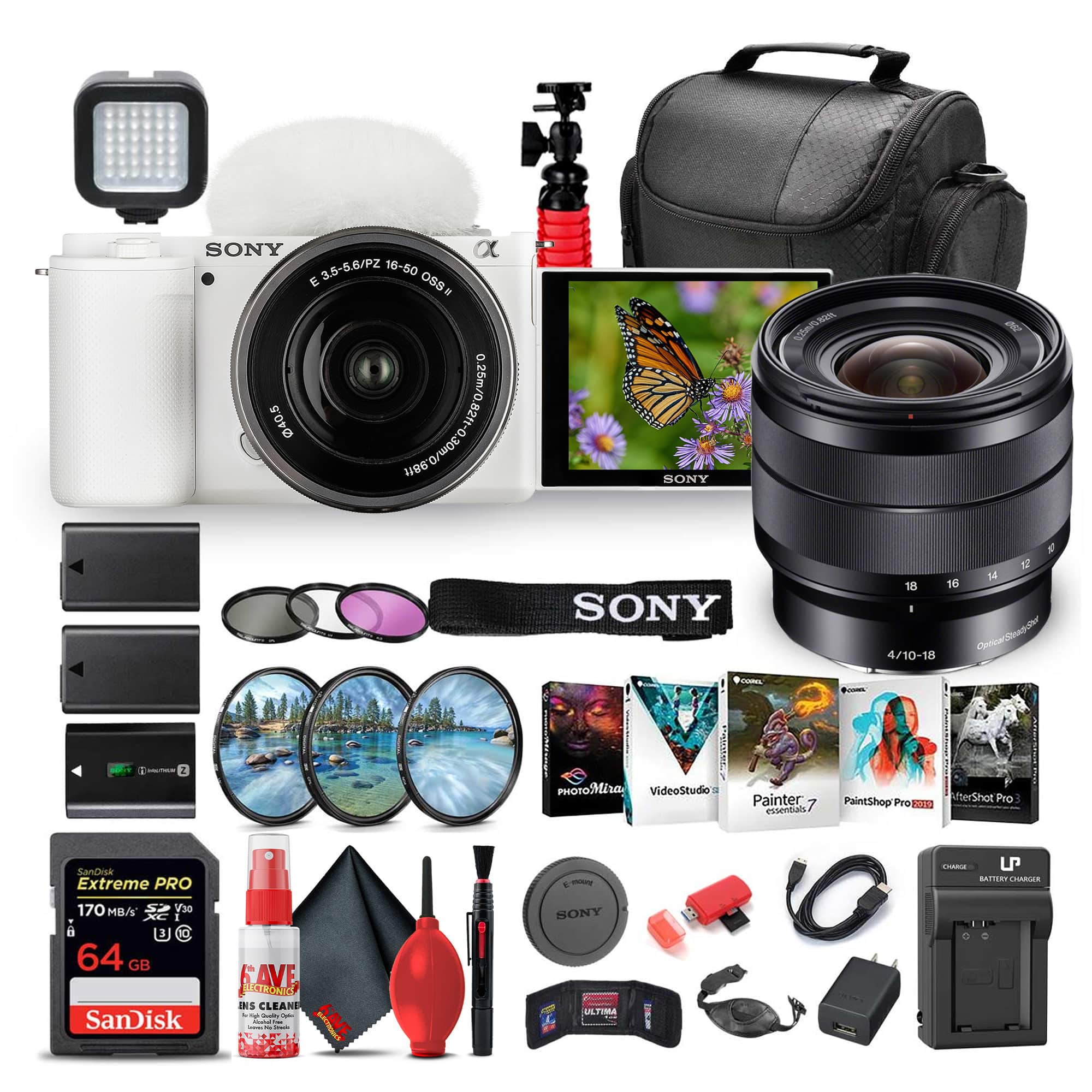 ZV-E10 Camera W/ 16-50mm II Lens (White) + Sony E 10-18mm Lens + 64GB + More (International Model)