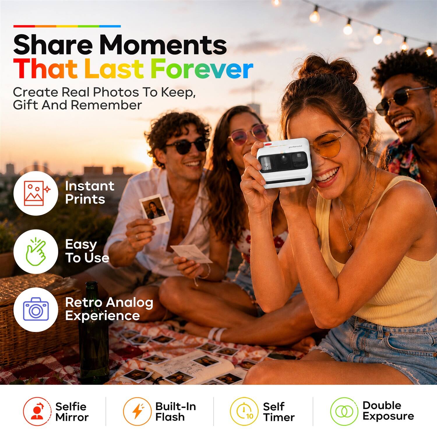 Share Moments That Last Forever  
Create Real Photos To Keep, Gift And Remember  
Instant Prints  
Easy To Use  
Retro Analog Experience  
Selfie Mirror  
Built-In Flash  
Self Timer 10  
Double Exposure