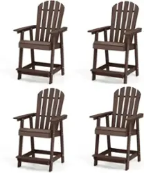 Costway 4 PCS Tall Bar Stool HDPE Patio Chair with Armrest Footrest Home Indoor Outdoor - Brown - Front_Zoom