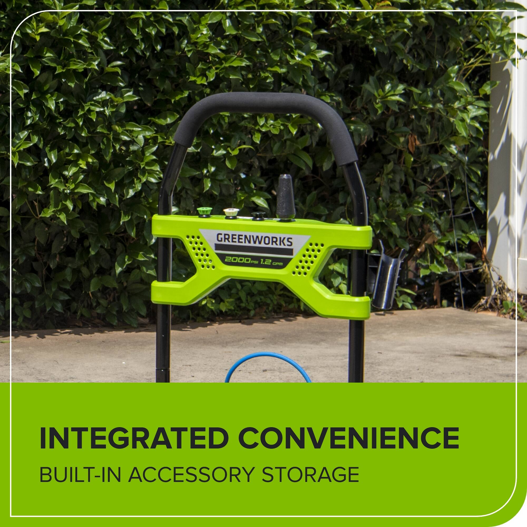GREENWORKS 2000 - 1.2 - INTEGRATED CONVENIENCE BUILT-IN ACCESSORY STORAGE