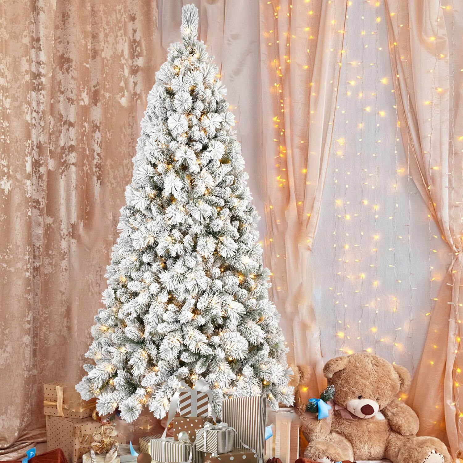 Alt View 1. Boyel Living - 8 ft. Flocked Christmas Tree Pre Lit with 600 Warm White LED Lights - Green,White.