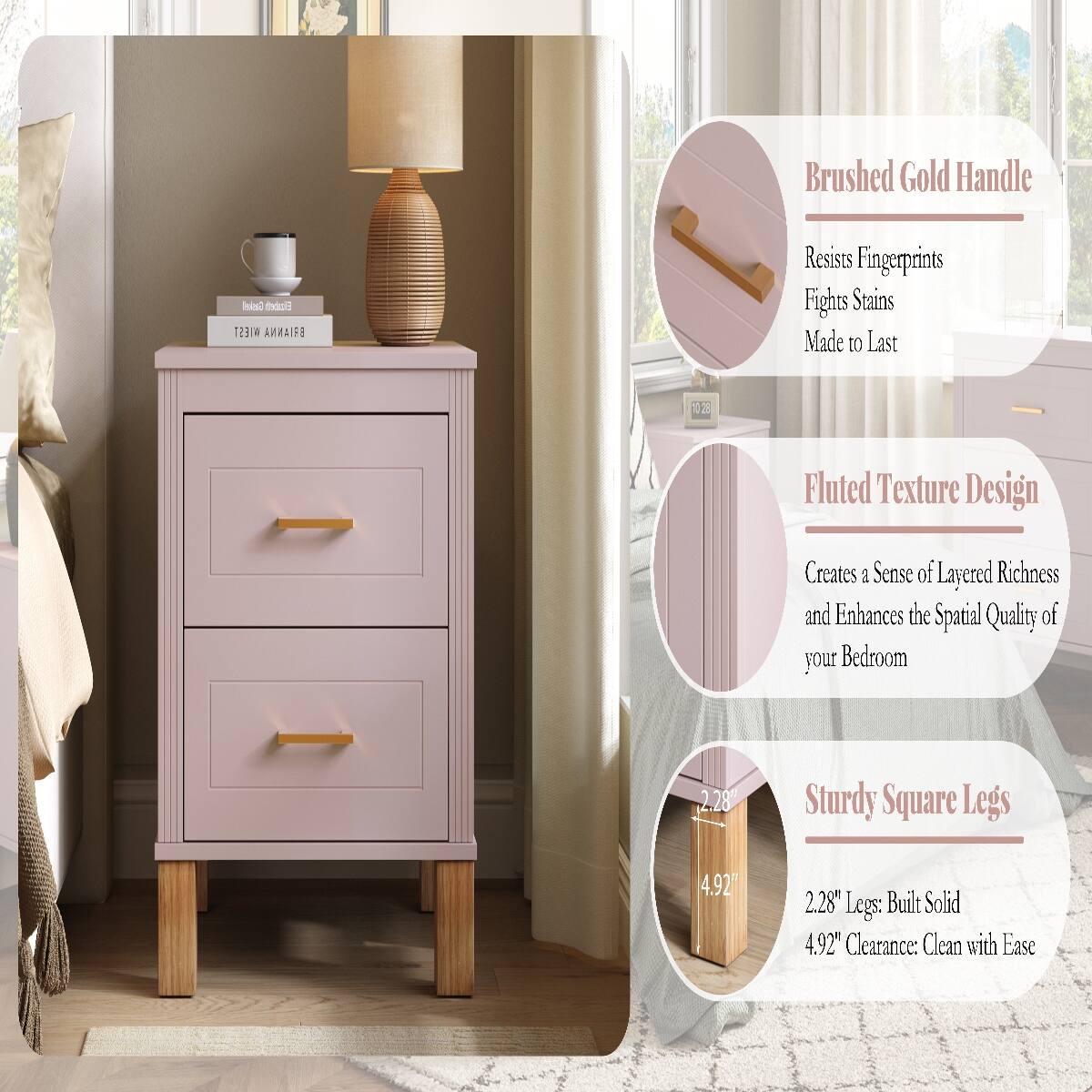 Brushed Gold Handle  
Resists Fingerprints  
Fights Stains  
Made to Last  

Fluted Texture Design  
Creates a Sense of Layered Richness and Enhances the Spatial Quality of your Bedroom  

Sturdy Square Legs  
2.28" Legs: Built Solid  
4.92" Clearance: Clean with Ease