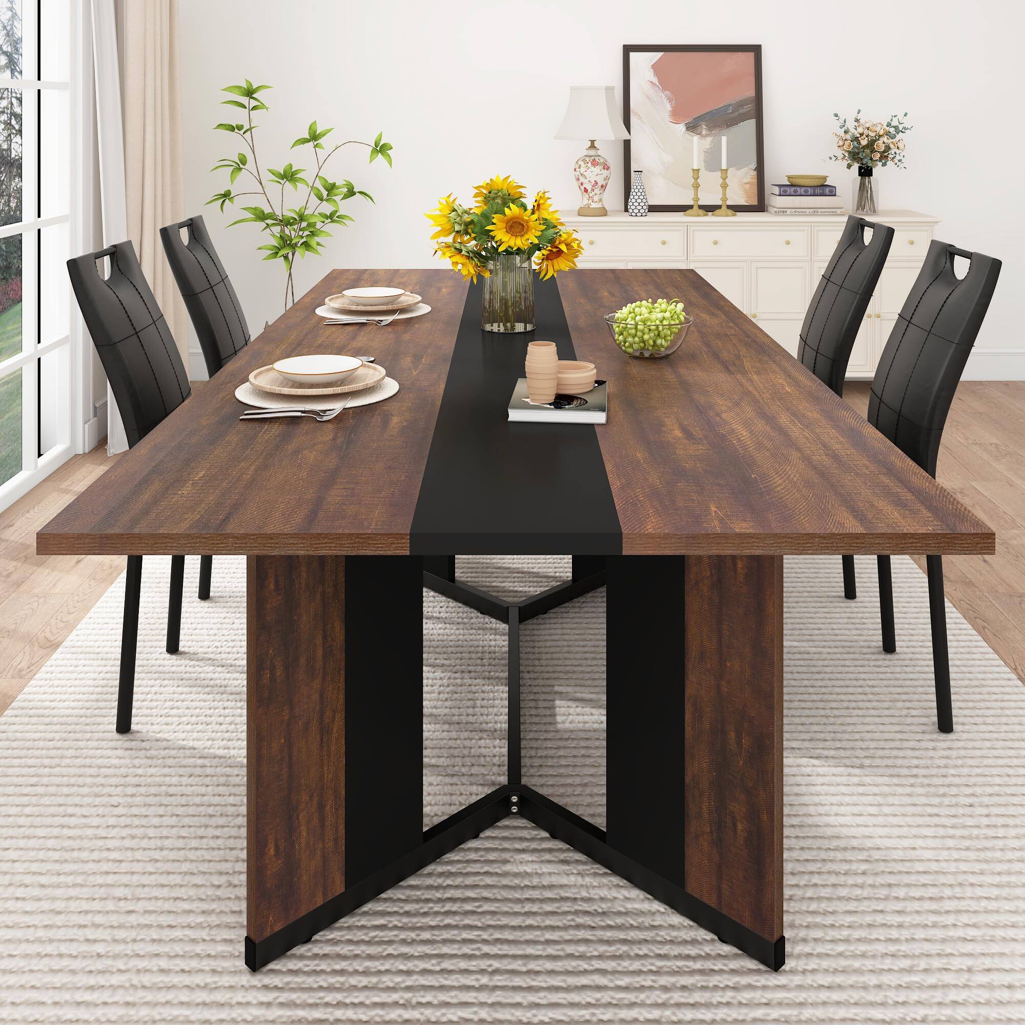 Angle. Lent Glitter Wood - 71" Dining Table & 6 Chairs, Waterproof Top & Metal Frame, for 4-6 People - Brown.