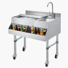 VEVOR - Commercial Ice Bin with Sink & Faucet, 60 Qt Max Capacity, 24 x 19 x 35 Inch Stainless Steel Ice Chest with Sliding Lid - Silver