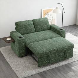 Vipbear - 65.5" Chenille Sofa Adjustable Backrest with Hidden Storage Box, Side Storage Bag USB Charging Side Table &Cup Holder - Green