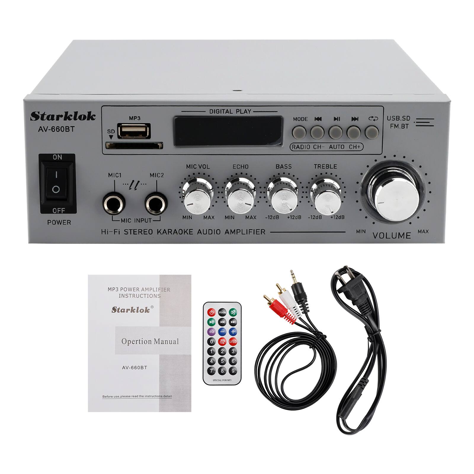 Starklok AV-660BT SD MP3 DIGITAL PLAY MODE H I USB.SD FM.BT ON I MIC1 MIC2 "!I" MIC VOL ECHO RADIO CH- AUTO CH+ BASS TREBLE OFF POWER MIN MAX MIN MAX -12dB MIC INPUT Hi-Fi STEREO KARAOKE AUDIO AMPLIFIER 12d -12d8 *12d8 MIN MAX VOLUME MP3 POWER AMPLIFIER INSTRUCTIONS Starklok 2 - - Opertion Manual 0 a 1 2 + UE J AV-660BT E 7 A a a a - d- Bartore - - - -