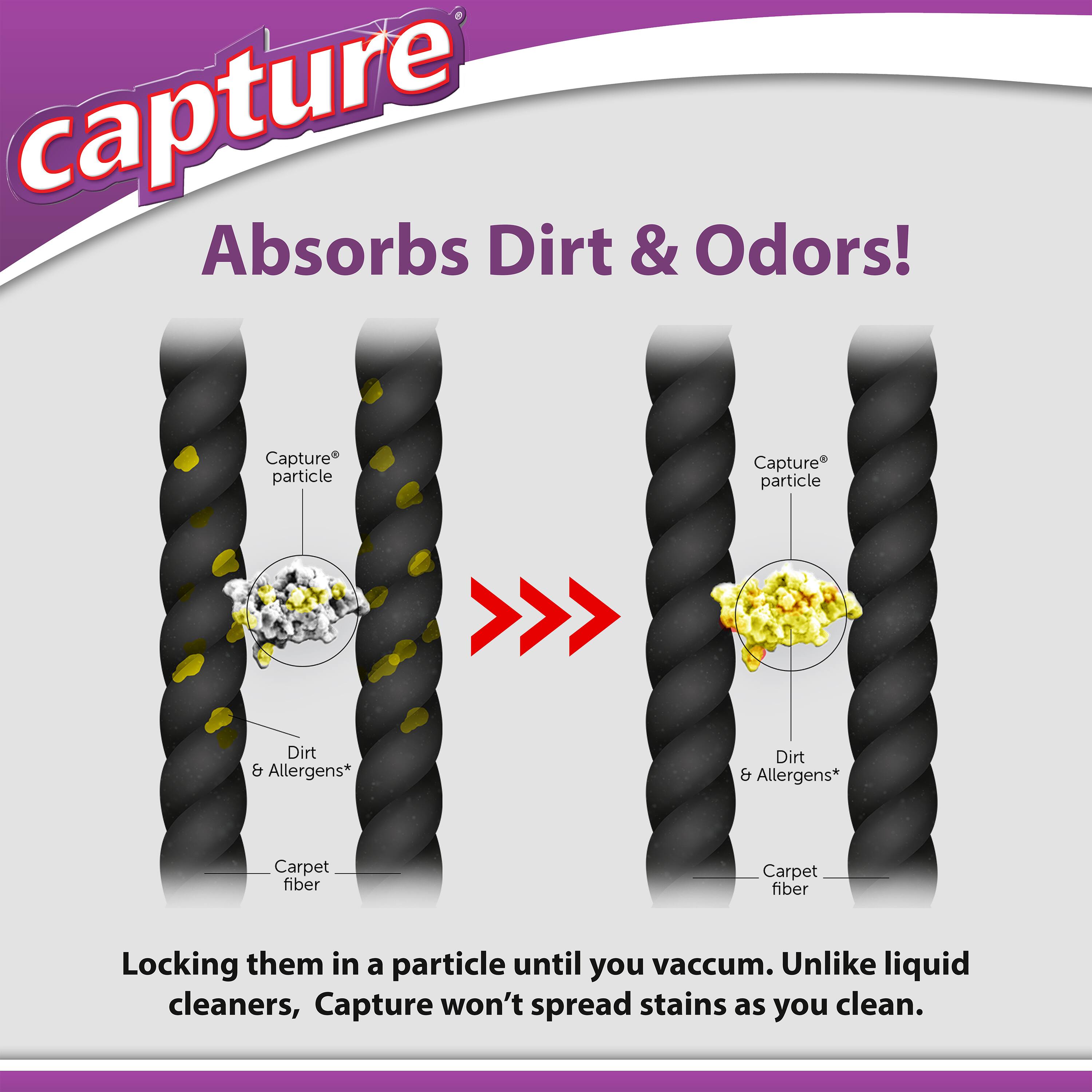 Capture  
Absorbs Dirt & Odors!  

Capture particle  
Dirt & Allergens*  
Carpet fiber  

Capture particle  
Dirt & Allergens*  
Carpet fiber  

Locking them in a particle until you vacuum. Unlike liquid cleaners, Capture won't spread stains as you clean.