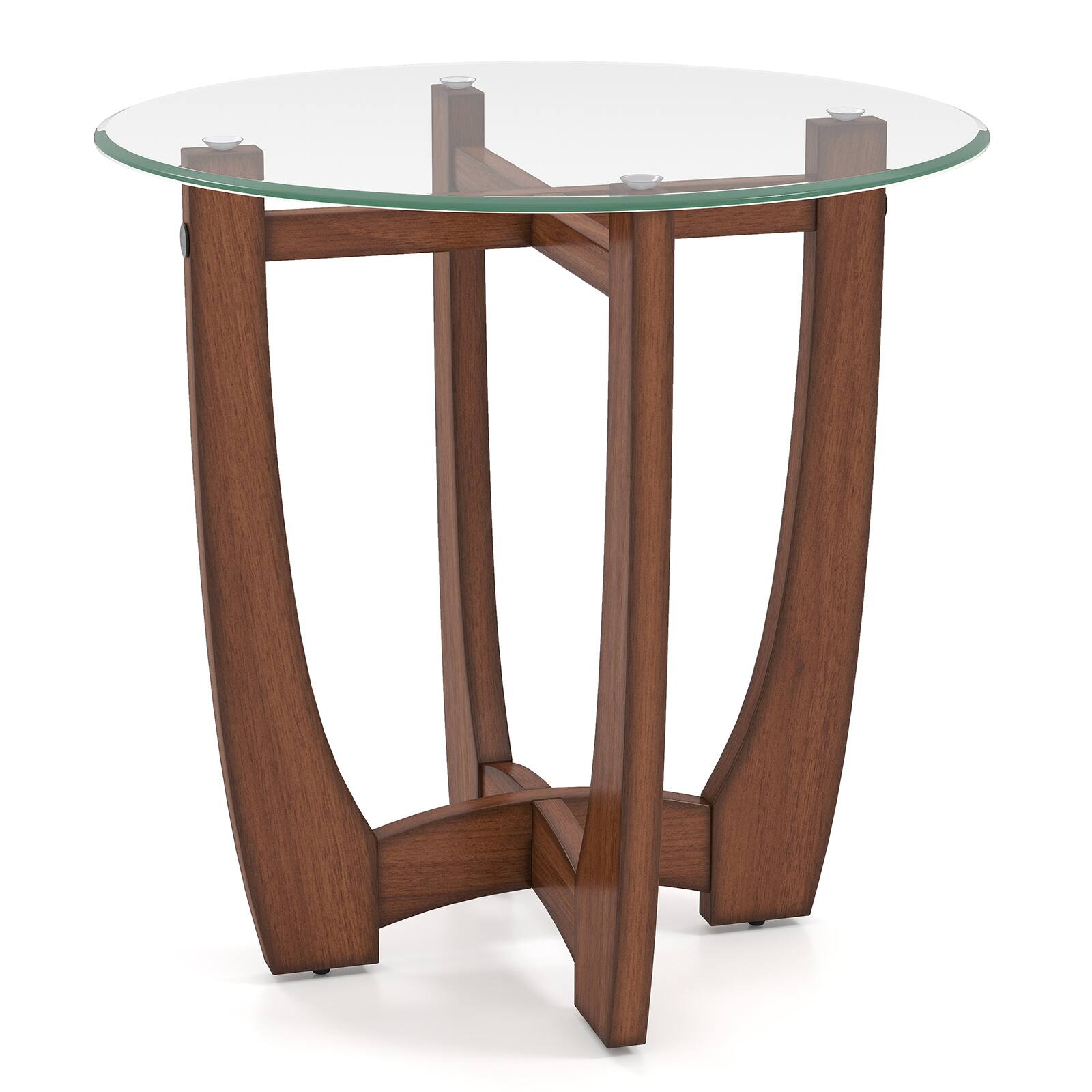 Alt View 9. Gymax - Gymax 23.5'' Round Side Table w/ Glass Tabletop Cross-shaped Solid Rubber Wood Frame Clear Walnut - Brown.