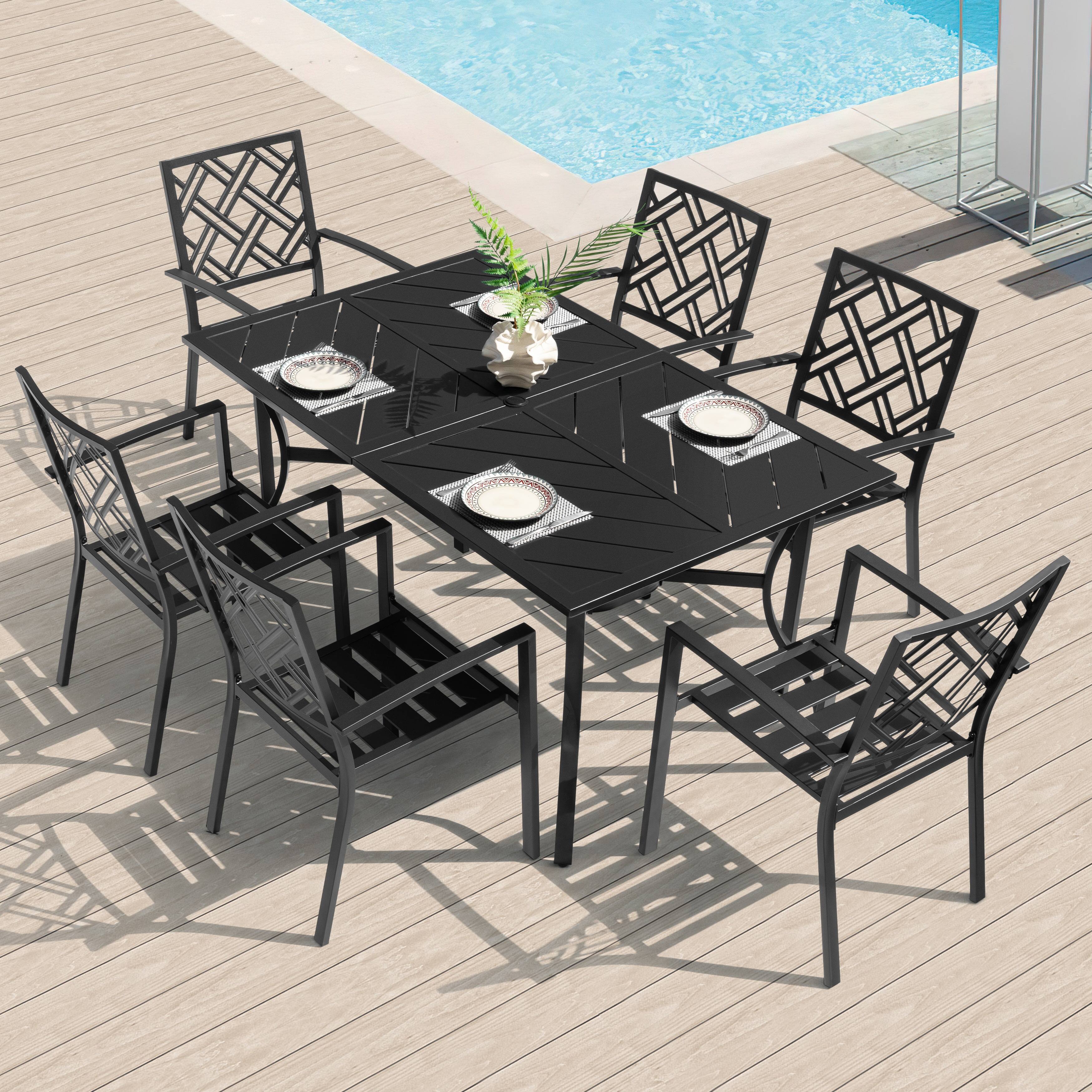 Angle. Nuu Garden - 7PCS Metal Rectangle Patio Dining Set with Umbrella Hole, Stackable Design - Black.
