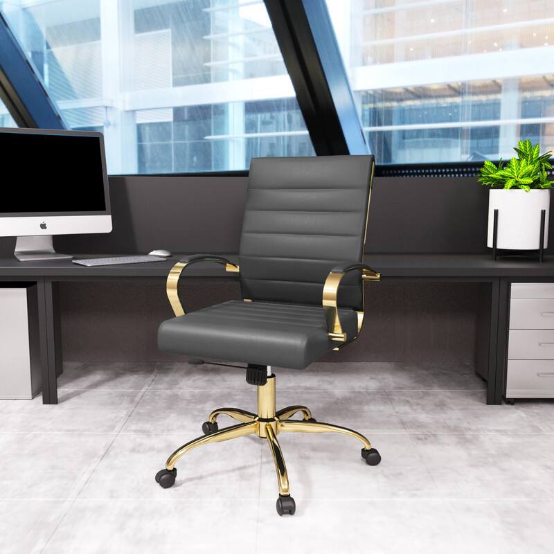 Angle. LeisureMod - (Set of 2) Benmar Leather Office Chair with Gold Accents, Adjustable Height, Swivel Ergonomic Design for Home Office - Grey.