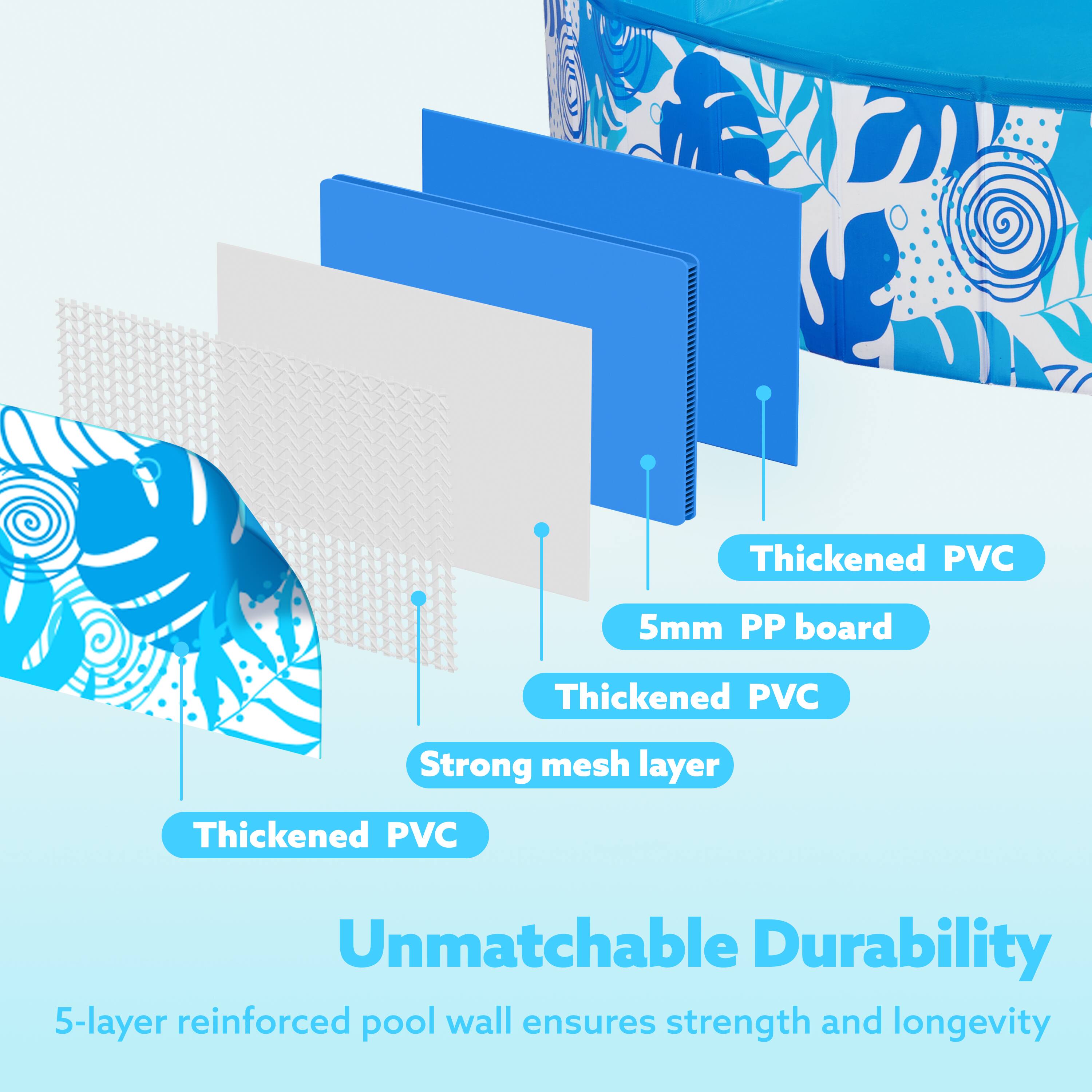 Thickened PVC  
5mm PP board  
Thickened PVC  
Strong mesh layer  
Thickened PVC  

Unmatchable Durability  
5-layer reinforced pool wall ensures strength and longevity