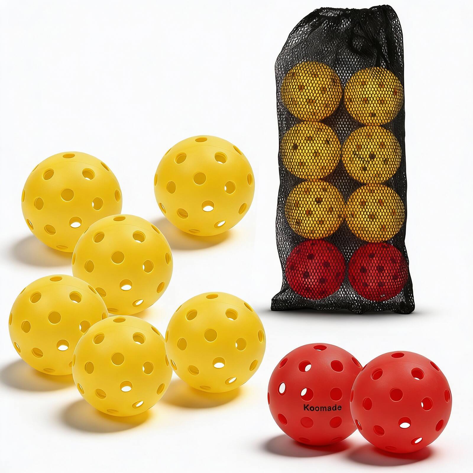 Angle. KOOMADE - KOOMADE 8/16pcs Pickleball Balls 40 Holes Colorful and Durable Pickleballs 74mm Training Ball Practice Competition - 8PK Pickle Ball（6PK Yellow + 2PK Red）.