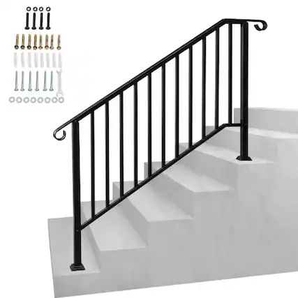 Front. Winado - Handrails Steps Stair Fits 4-5 Steps, Wrought Iron Hand Rail Stair Railing 1PC for Outdoor Concrete Porch Wooden Steps - Black.