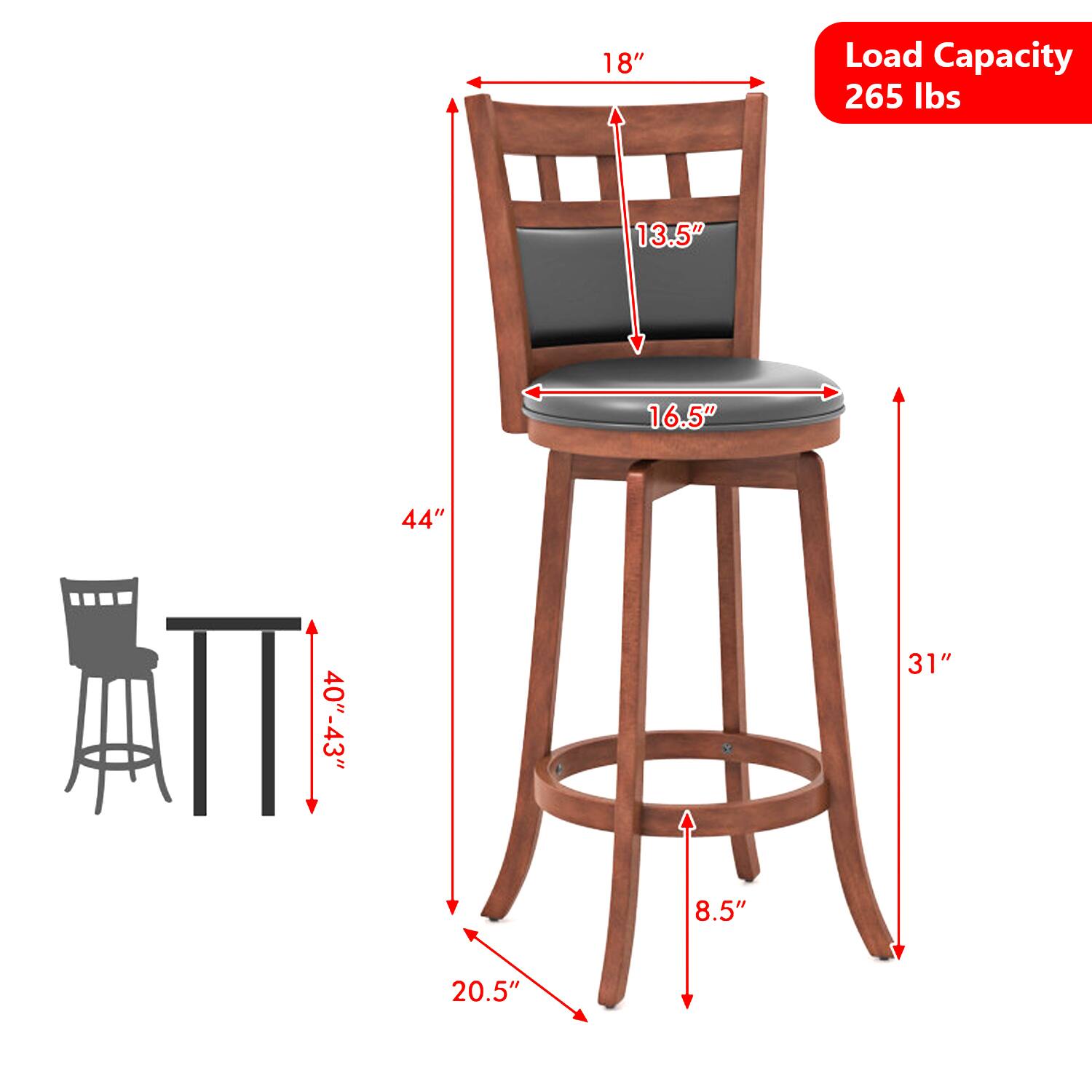 Load Capacity: 265 lbs

Dimensions:
- Seat Height: 31"
- Seat Depth: 16.5"
- Seat Width: 18"
- Back Height: 13.5"
- Overall Height: 44"
- Overall Width: 40"-43"
- Overall Depth: 20.5"
- Footrest Height: 8.5"