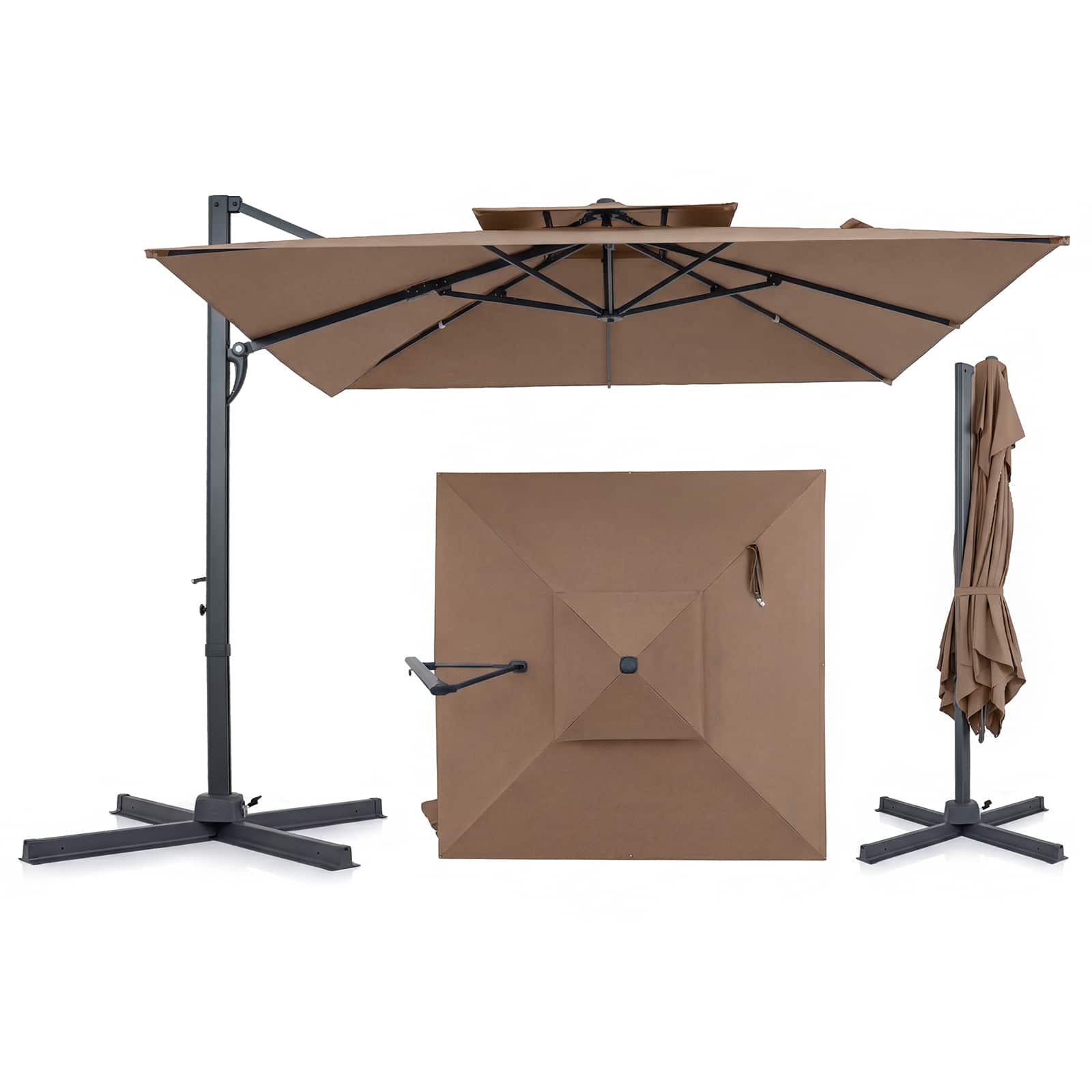 Gymax - 10FT Patio Cantilever Umbrella w/360-Degree Rotation 8 Sturdy Ribs Air Vent for Pool Tan - Brown