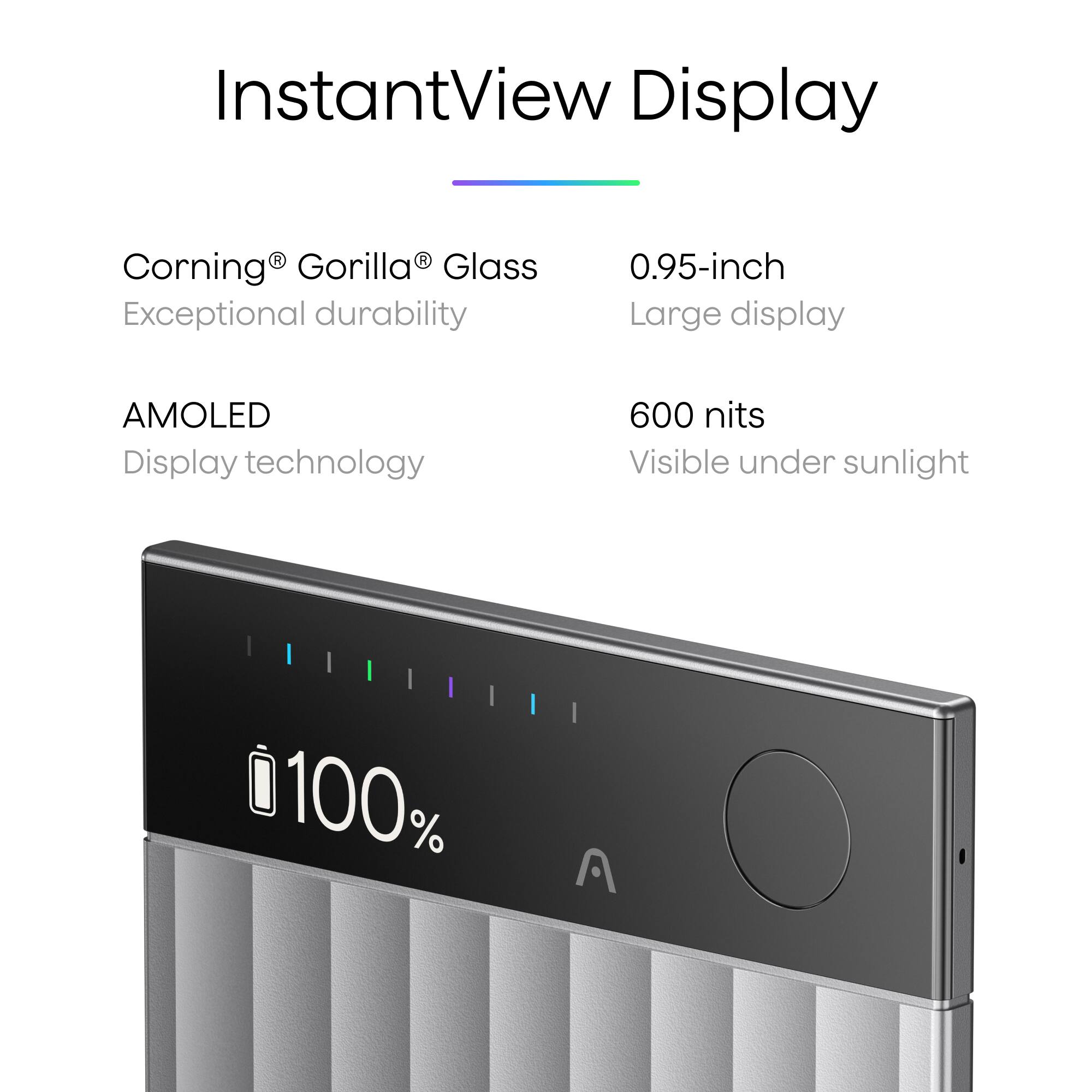 InstantView Display

- Corning® Gorilla® Glass
  - Exceptional durability

- AMOLED
  - Display technology

- 0.95-inch
  - Large display

- 600 nits
  - Visible under sunlight
