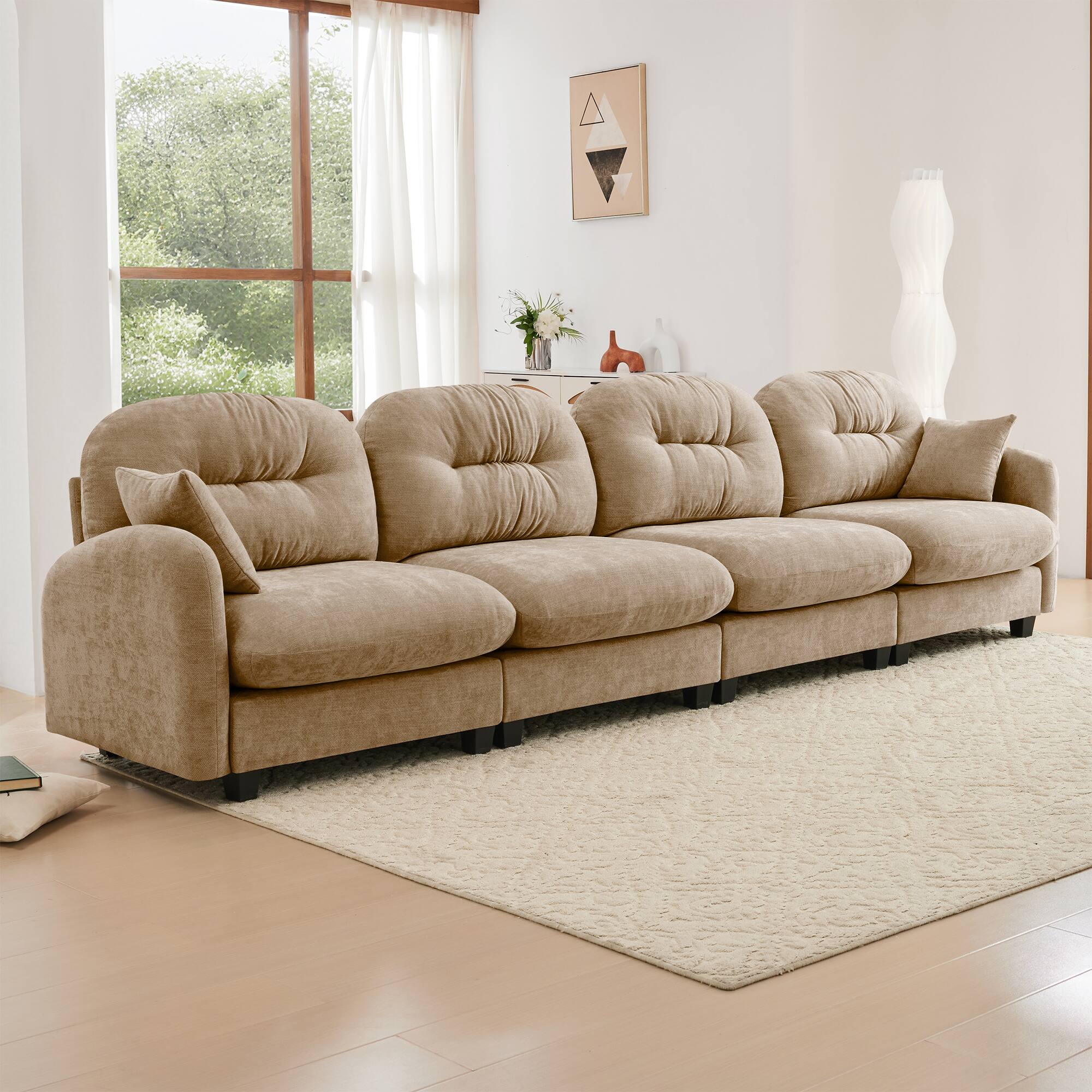 Angle. LOVMOR - Chenille Sectional Couch Modular Compressed Pack Tufted For Living Room Bedroom Den Plush Cozy Lounge TV Style - Camel.