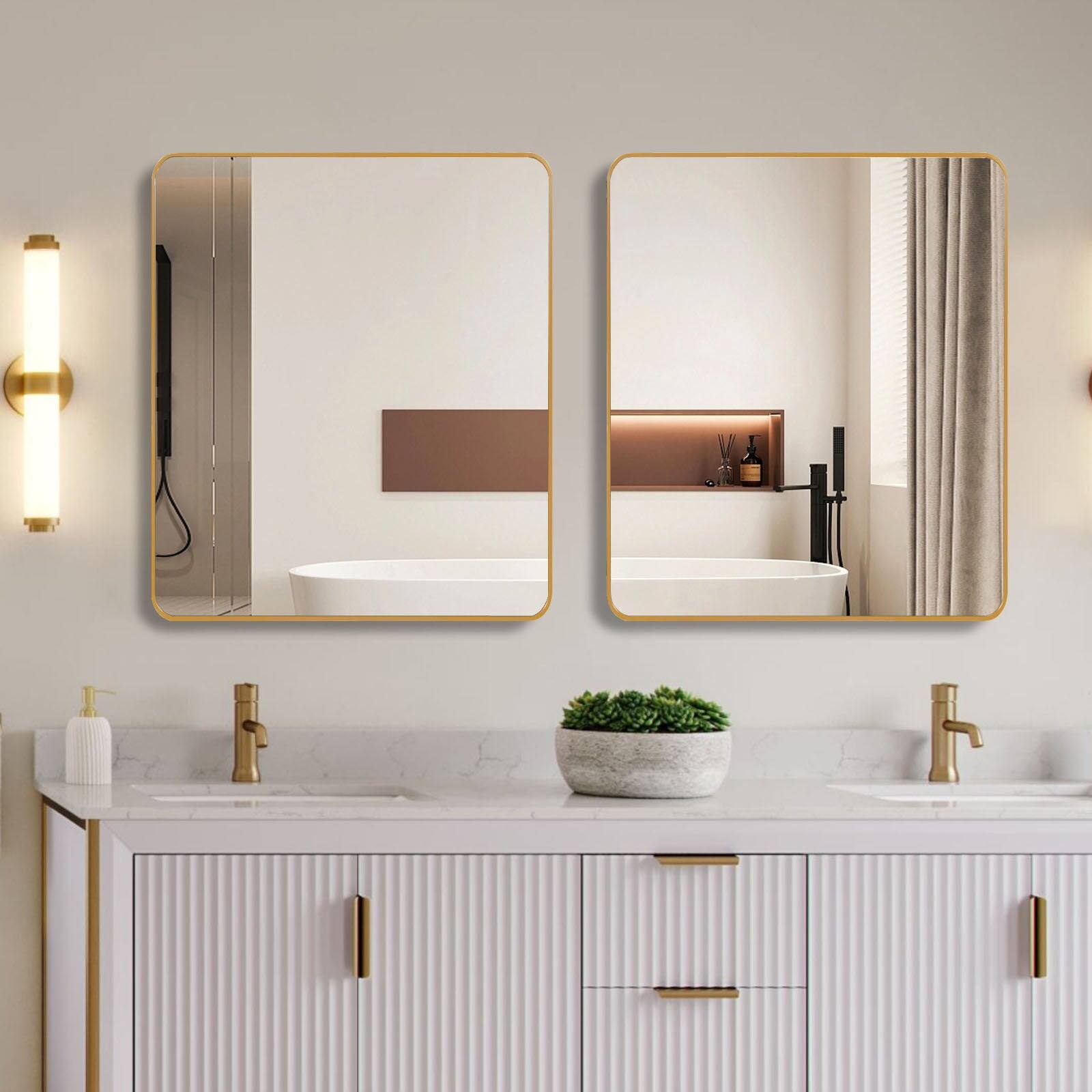 Left. BreeBe - 36in x 36in Inch Gold Metal Framed Square Bathrrom Mirror for Wall. - Gold.