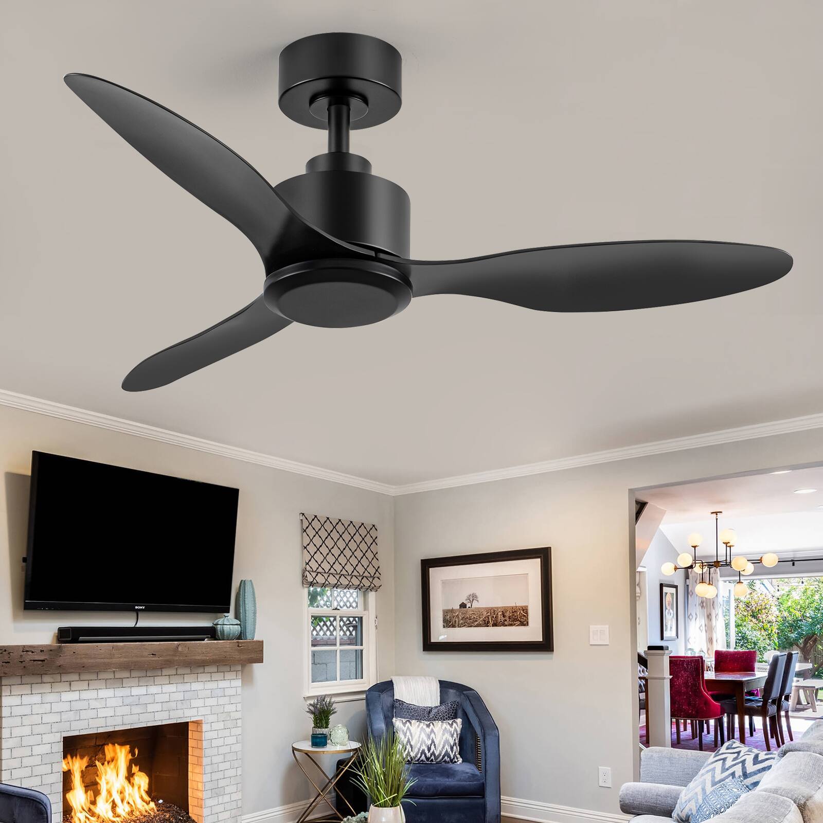 Breezary - 42" Modern Indoor Ceiling Fan, 3 ABS Blades, 6-Speed DC Motor, Remote Control, Timer, 5'' Downrod, Light/No Light Option - Matte Black (Without Light)