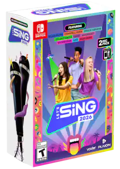 The box includes two microphones and features artists like Billie Eilish, Lizzo, Selena Gomez, and many more. It is compatible with the Nintendo Switch and is rated ESRB Teen. The box is made by Voxler and Plaion.