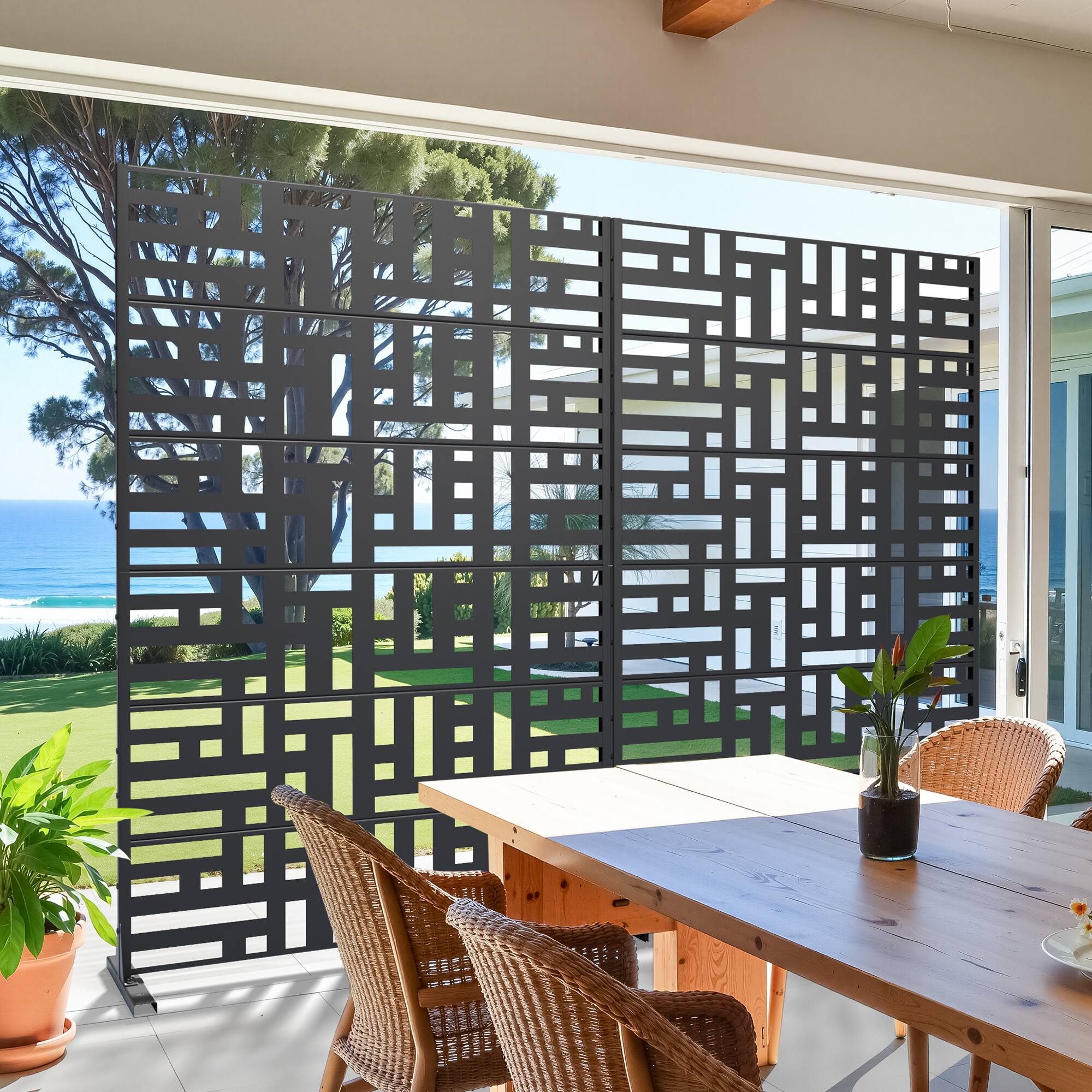 Alt View 1. PexFix - 72 in. x 47 in. Helen Pattern Metal Outdoor Privacy Screen & Panels, Freestanding Garden Divider Fence, Set of 2 - Black.