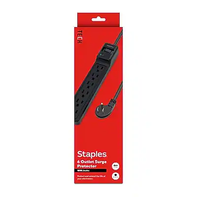 Device Tech Staples Staples TECH 6 Outlet Surge Protector, 4', 1800 Joules Black ST62766 ...