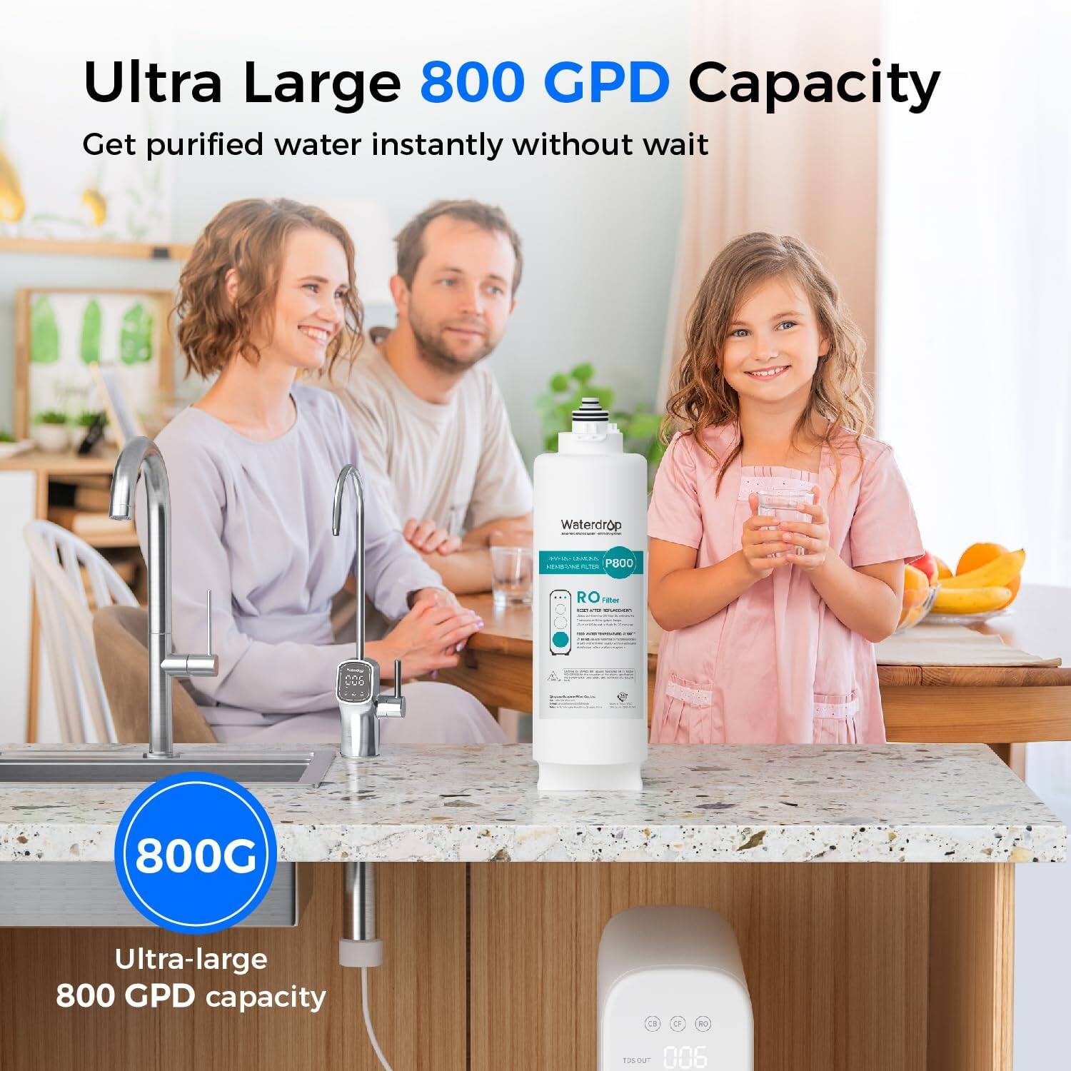 Ultra Large 800 GPD Capacity: Get purified water instantly without wait. Waterdrop PB00 RO 8w - da 800G Ultra-large 800 GPD capacity.
