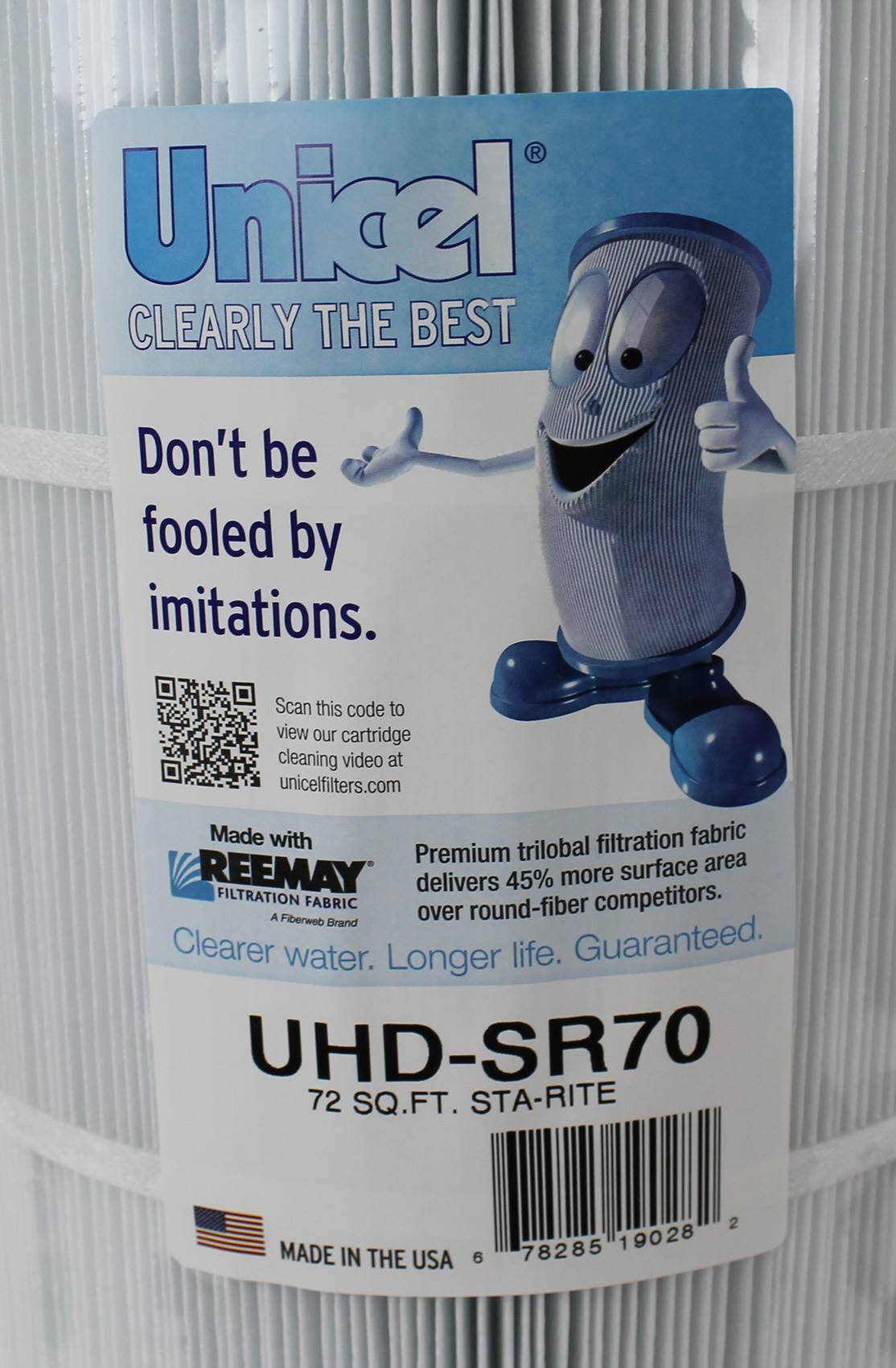 Unicel  
CLEARLY THE BEST  

Don't be fooled by imitations.  

Scan this code to view our cartridge cleaning video at unicelfilters.com  

Made with REEMAY FILTRATION FABRIC  

Premium trilobal filtration fabric delivers 45% more surface area over round-fiber competitors.  

Clearer water. Longer life. Guaranteed.  

UHD-SR70  
72 SQ. FT.  
STA-RITE  

MADE IN THE USA  

6 78285 19028 2