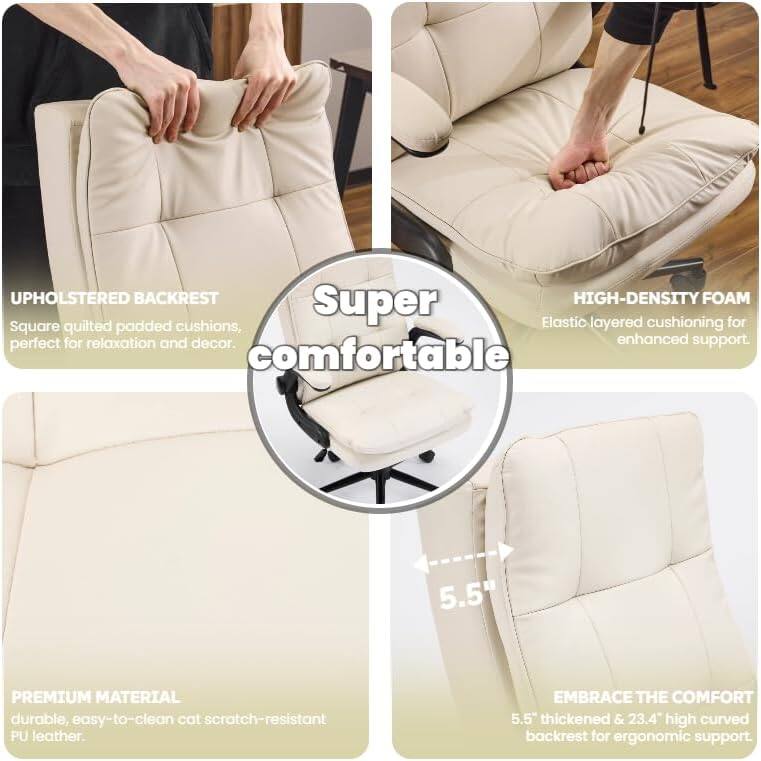 UPHOLSTERED BACKREST  
Square quilted padded cushions, perfect for relaxation and decor.  

HIGH-DENSITY FOAM  
Elastic layered cushioning for enhanced support.  

PREMIUM MATERIAL  
Durable, easy-to-clean cat scratch-resistant PU leather.  

EMBRACE THE COMFORT  
5.5" thickened & 23.4" high curved backrest for ergonomic support.