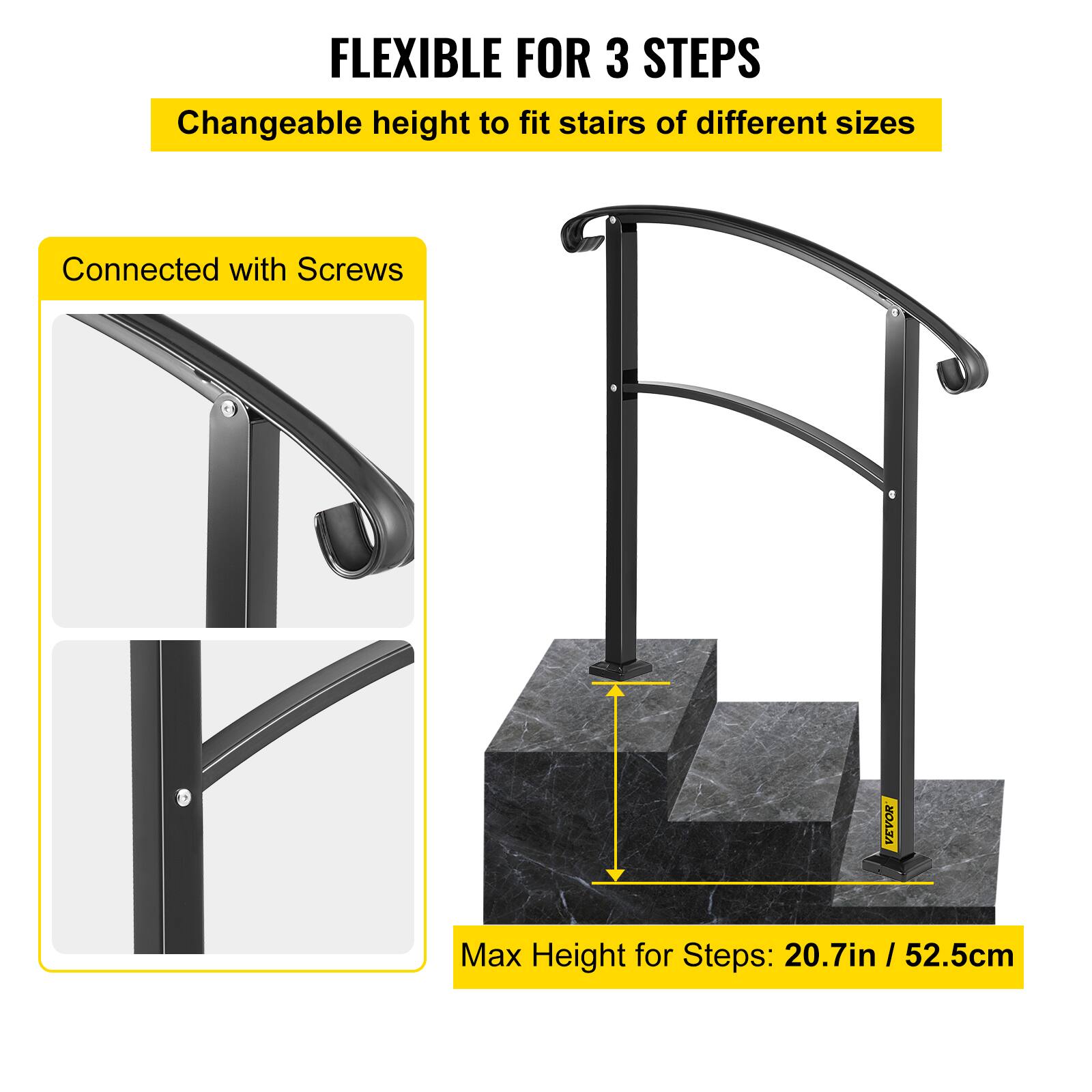 FLEXIBLE FOR 3 STEPS
Changeable height to fit stairs of different sizes
Connected with Screws
Max Height for Steps: 20.7in / 52.5cm