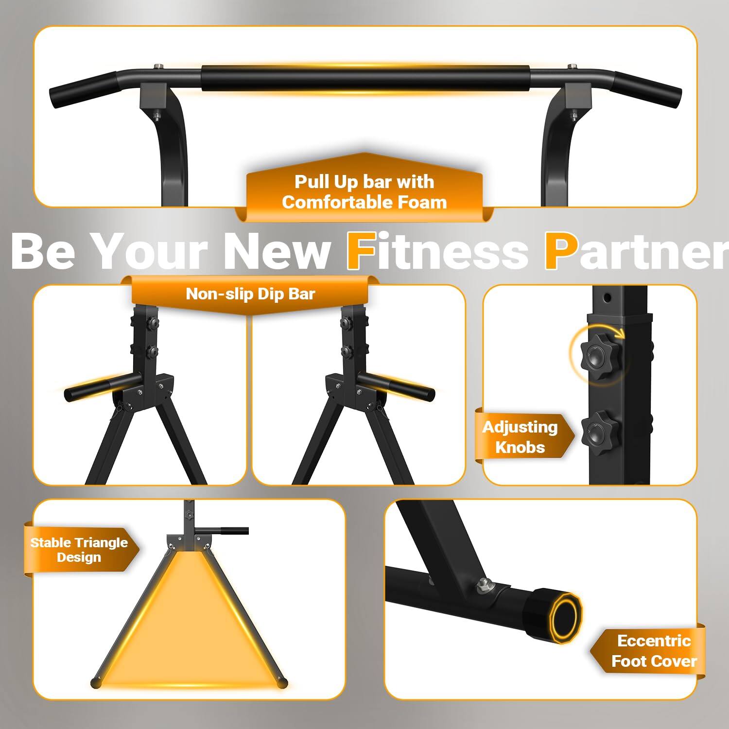 - Pull Up bar with Comfortable Foam
- Be Your New Fitness Partner
- Non-slip Dip Bar
- Adjusting Knobs
- Stable Triangle Design
- Eccentric Foot Cover
