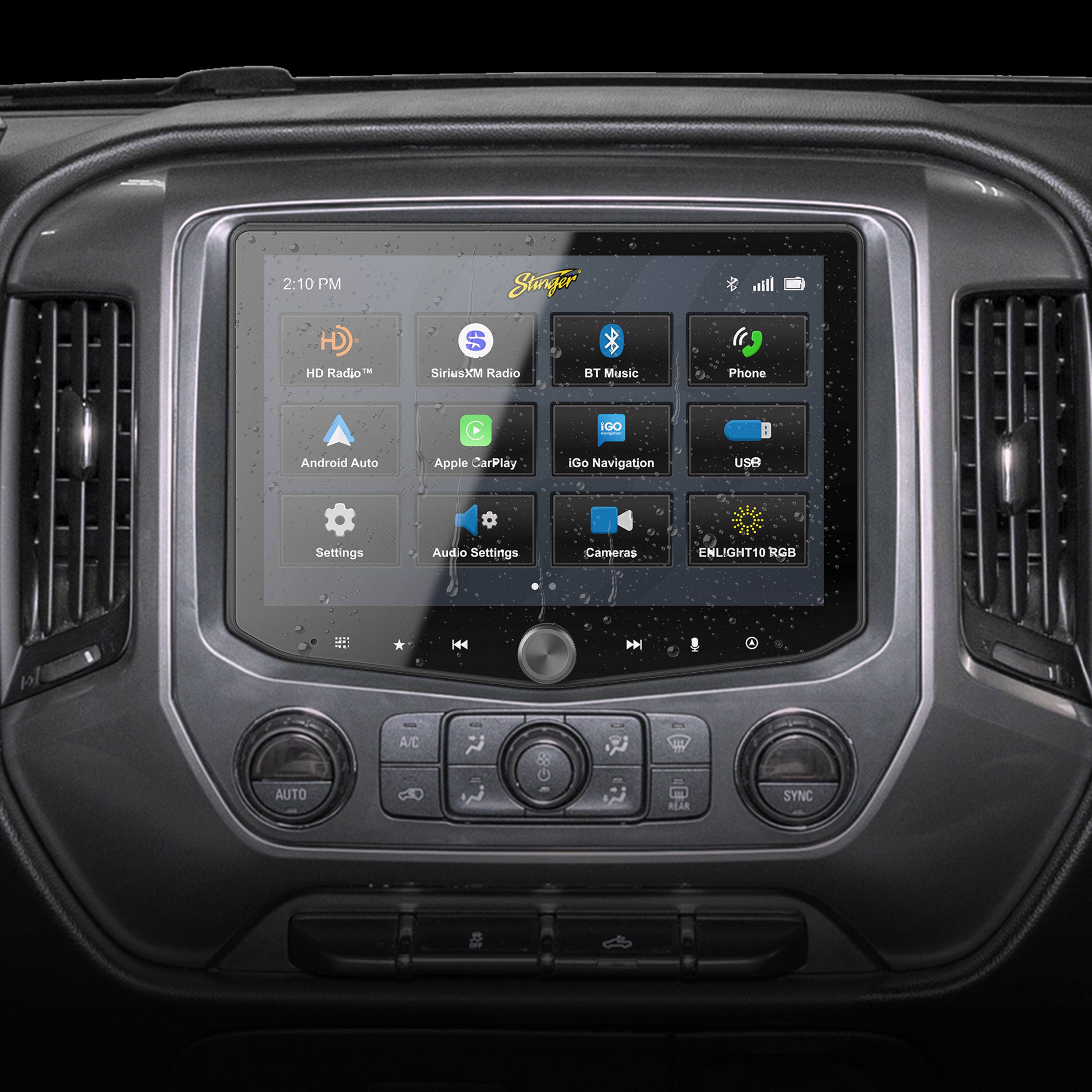 The text on the image can be grouped and corrected as follows:

2:10 PM
HD Radio
SiriusXM Radio
BT Music
Phone
IGO Navigation
Android Auto
Apple CarPlay
IGO Navigation
USR Settings
Audio Settings
Cameras
ENLIGHT10 RGB Data - * H
A/C
Auto Rear Sync

This corrected text groups the various options displayed on the car's screen, including navigation, audio settings, and communication options.