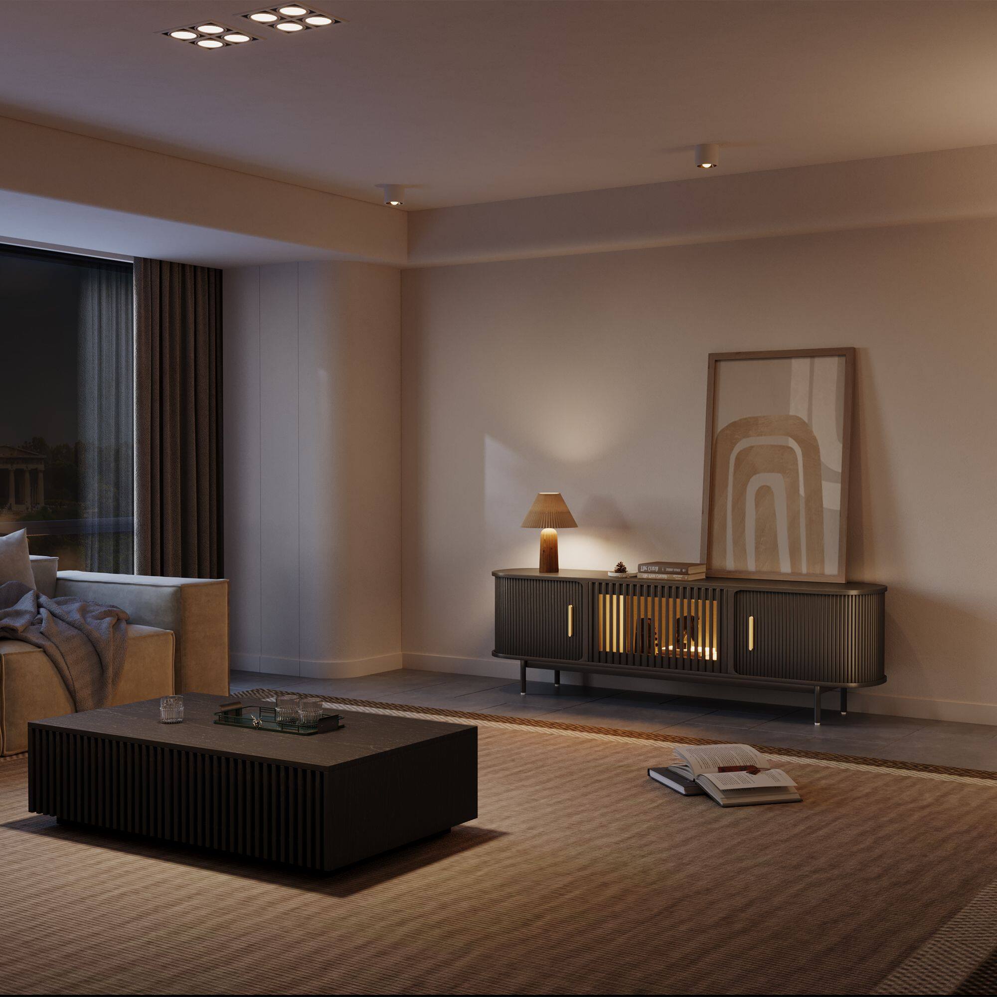 Left. POVISON - 71"Mid-Century Modern Tambour Door TV Stand,Black with LED Lights - Black with LED Lights.