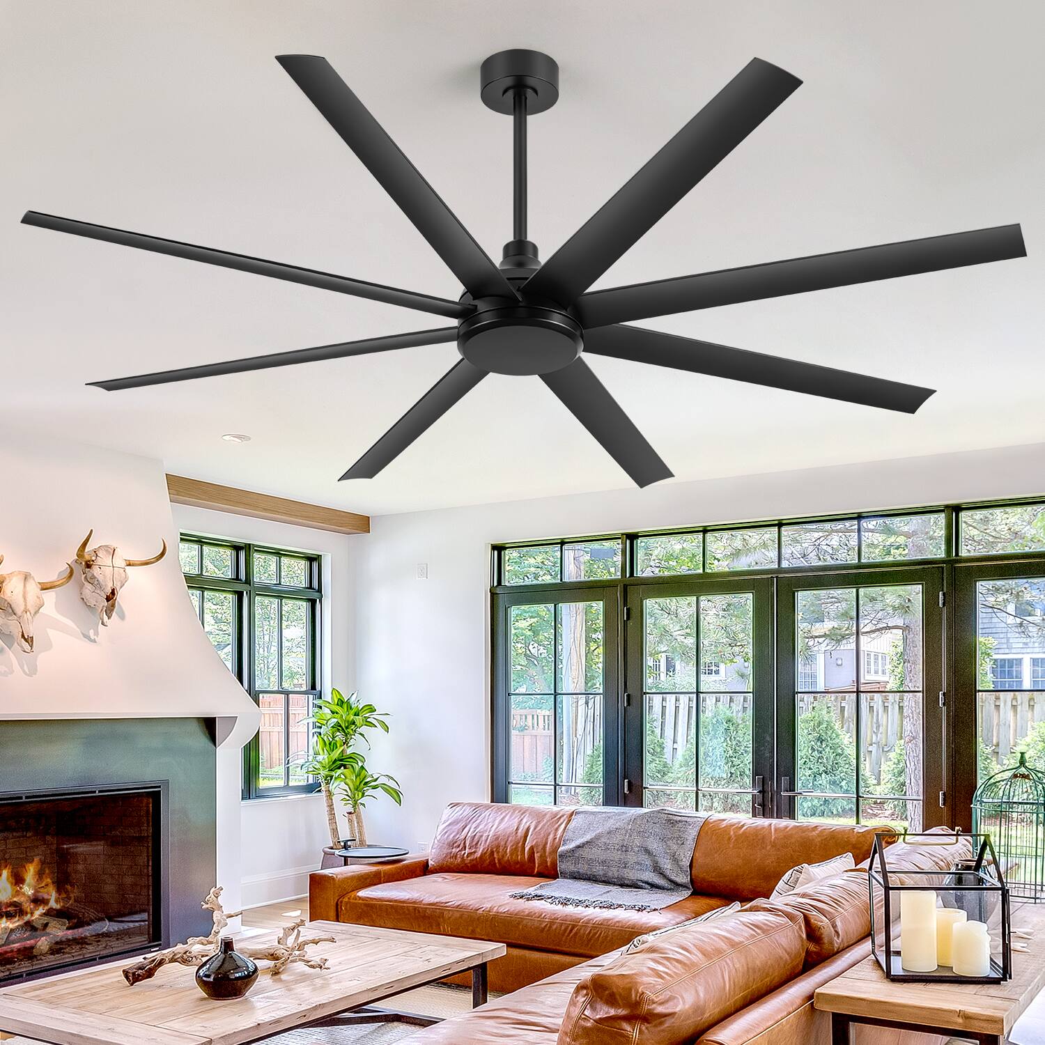 Left. Breezary - 72" Large Indoor Ceiling Fan with Remote, 8 ABS Blades, 6-Speed DC Motor, Timer, 7''/12''Downrods, Light/No Light Option - Matte Black (Without Light).