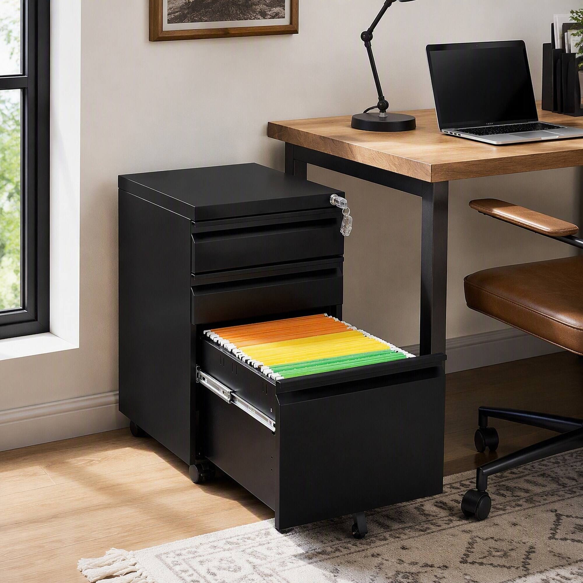 Angle. RYHNUYNE - 3-Drawer Mobile Filing Cabinet with Lock - Office Storage Filing Cabinet of Legal Letter Size - Black.