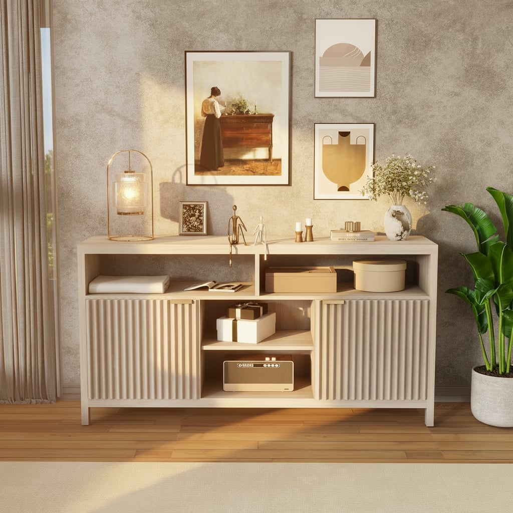 GARVEE - Fluted TV Stand for 65" TV, Adjustable Shelves - Oak Ash