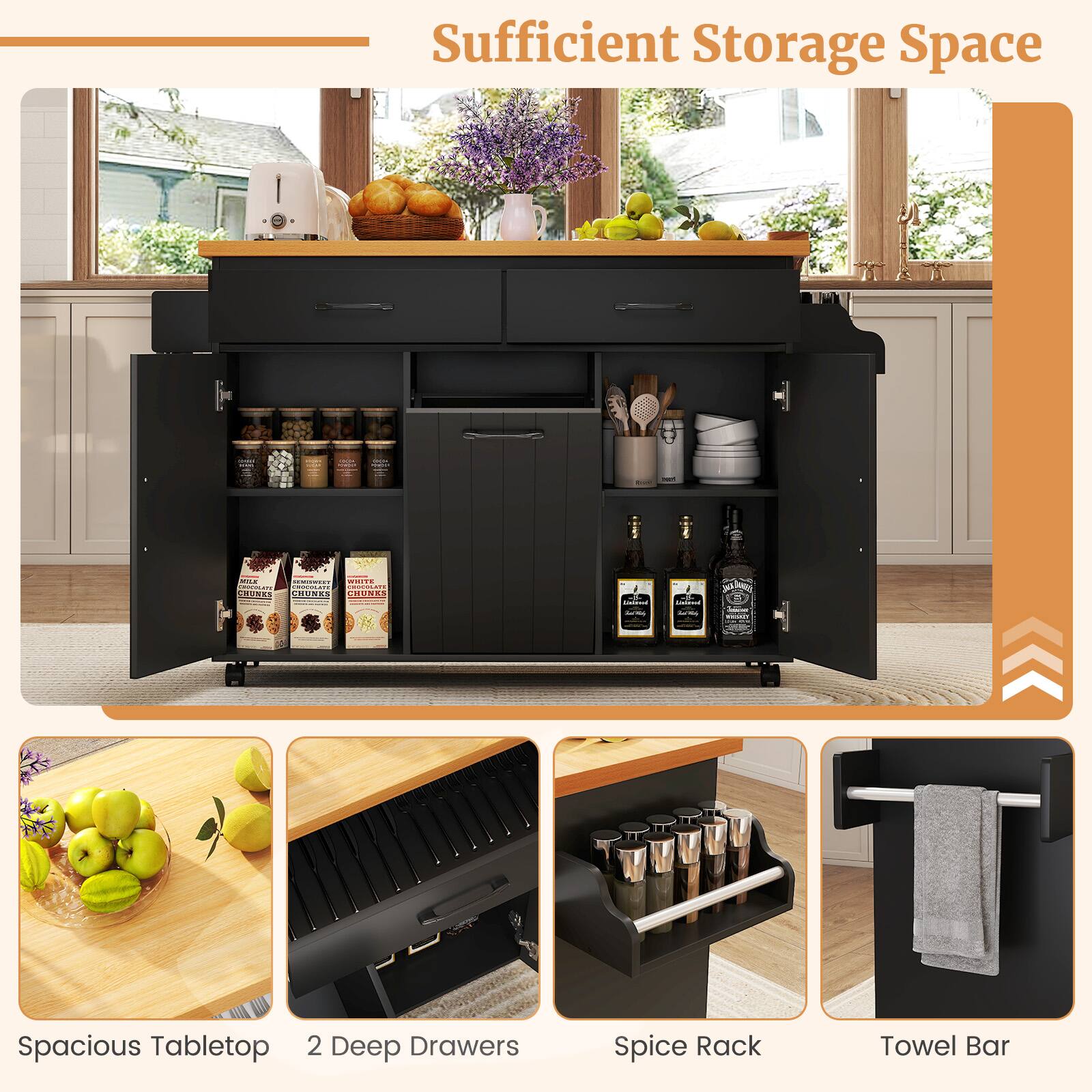 Sufficient Storage Space

- Spacious Tabletop
- 2 Deep Drawers
- Spice Rack
- Towel Bar