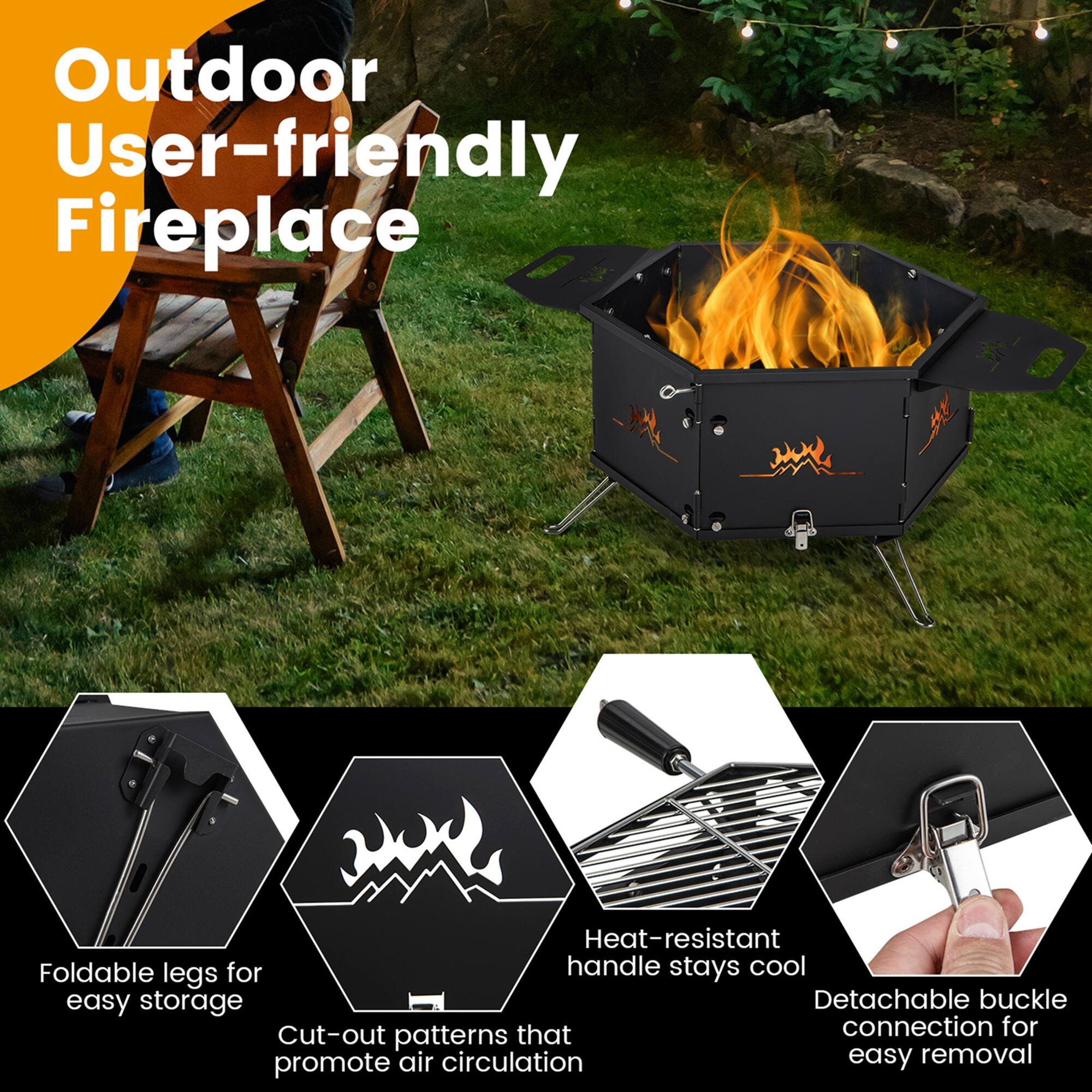 Outdoor User-friendly Fireplace: Heat-resistant, Foldable legs for handle stays cool, easy storage, Detachable buckle, Cut-out that connection for patterns, air circulation, easy removal, promote.
