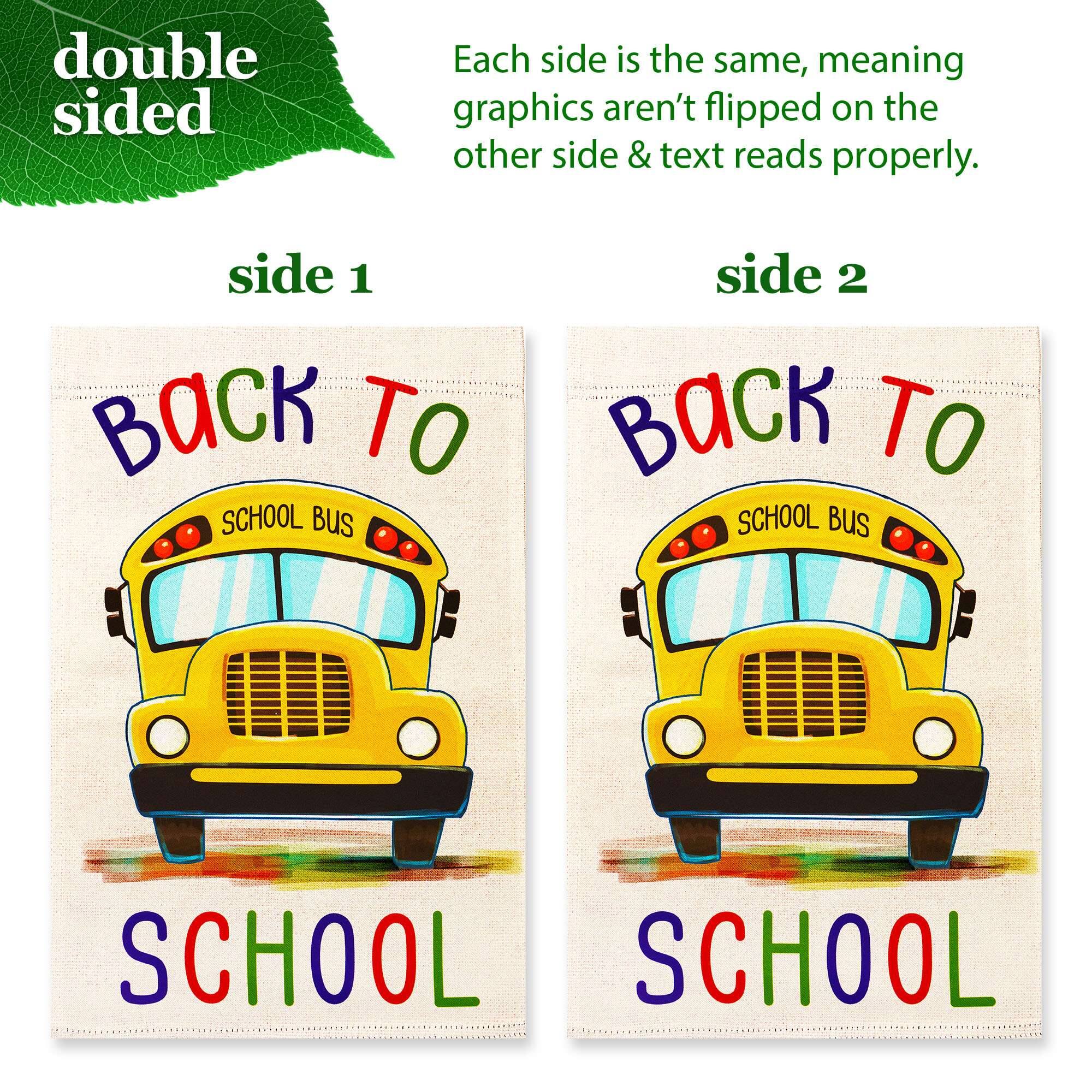 double sided

Each side is the same, meaning graphics aren't flipped on the other side & text reads properly.

side 1
BACK TO SCHOOL BUS

side 2
BACK TO SCHOOL BUS SCHOOL